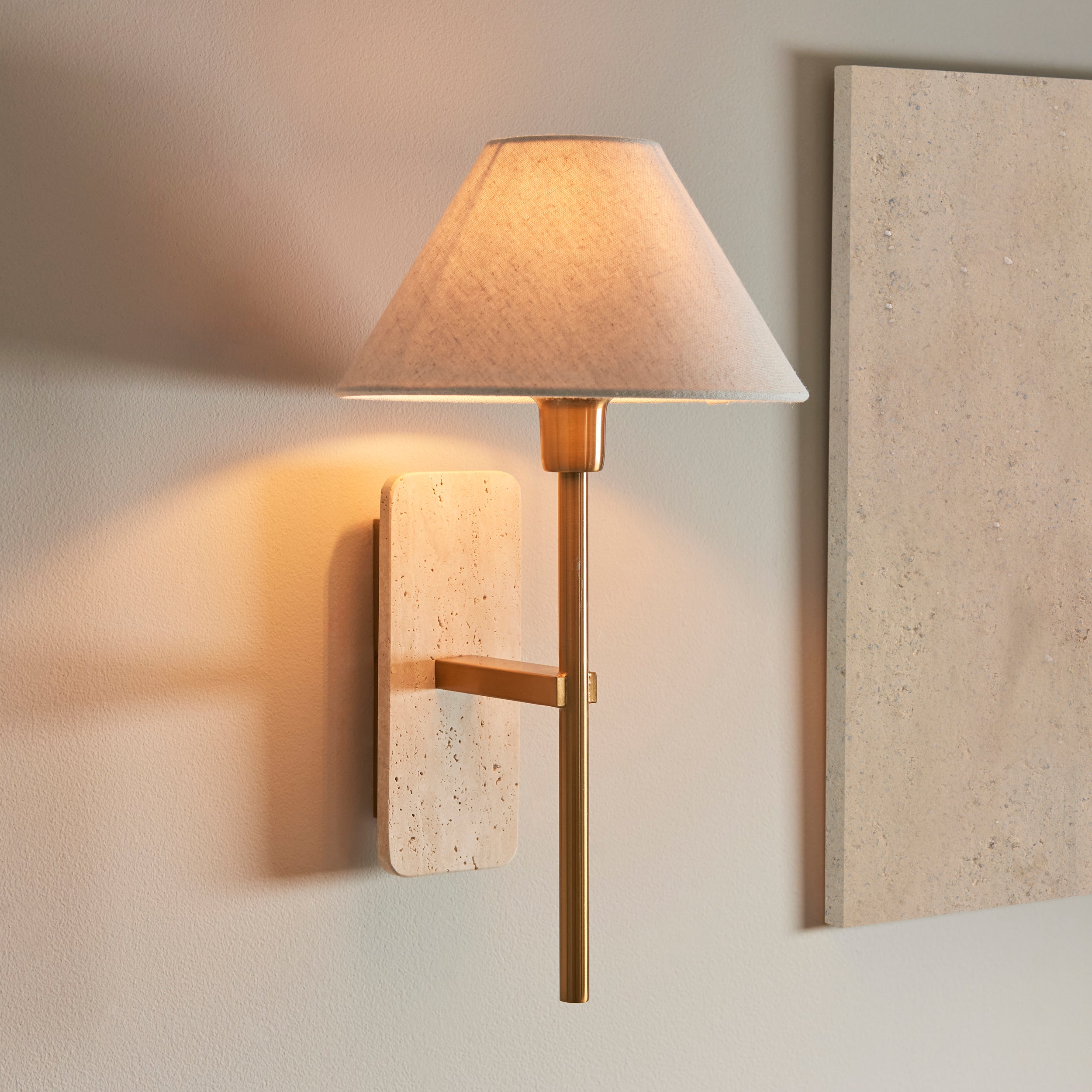 Faro Travertine Stone & Brass Wall Light - Faux Linen Shade