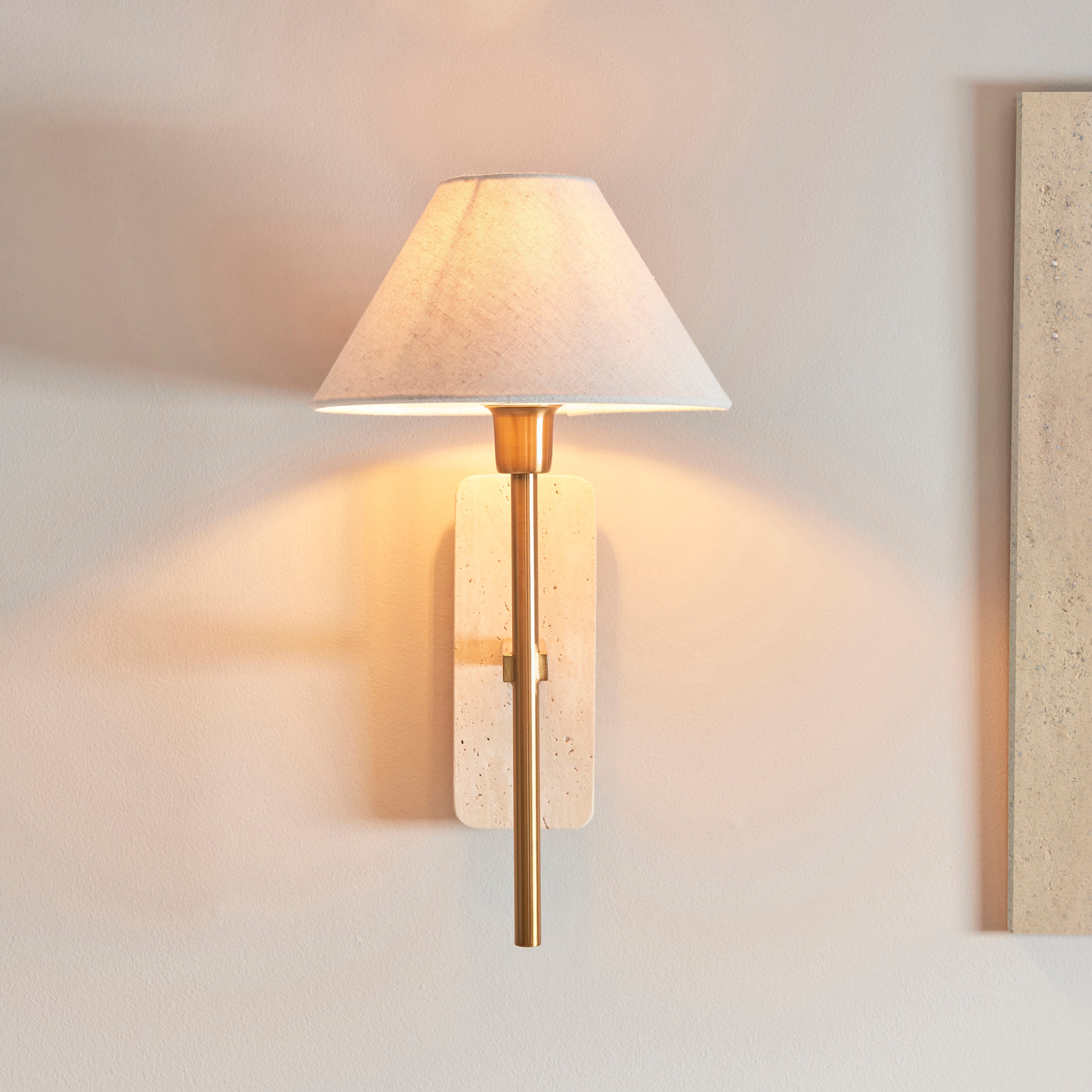 Faro Travertine Stone & Brass Wall Light - Faux Linen Shade