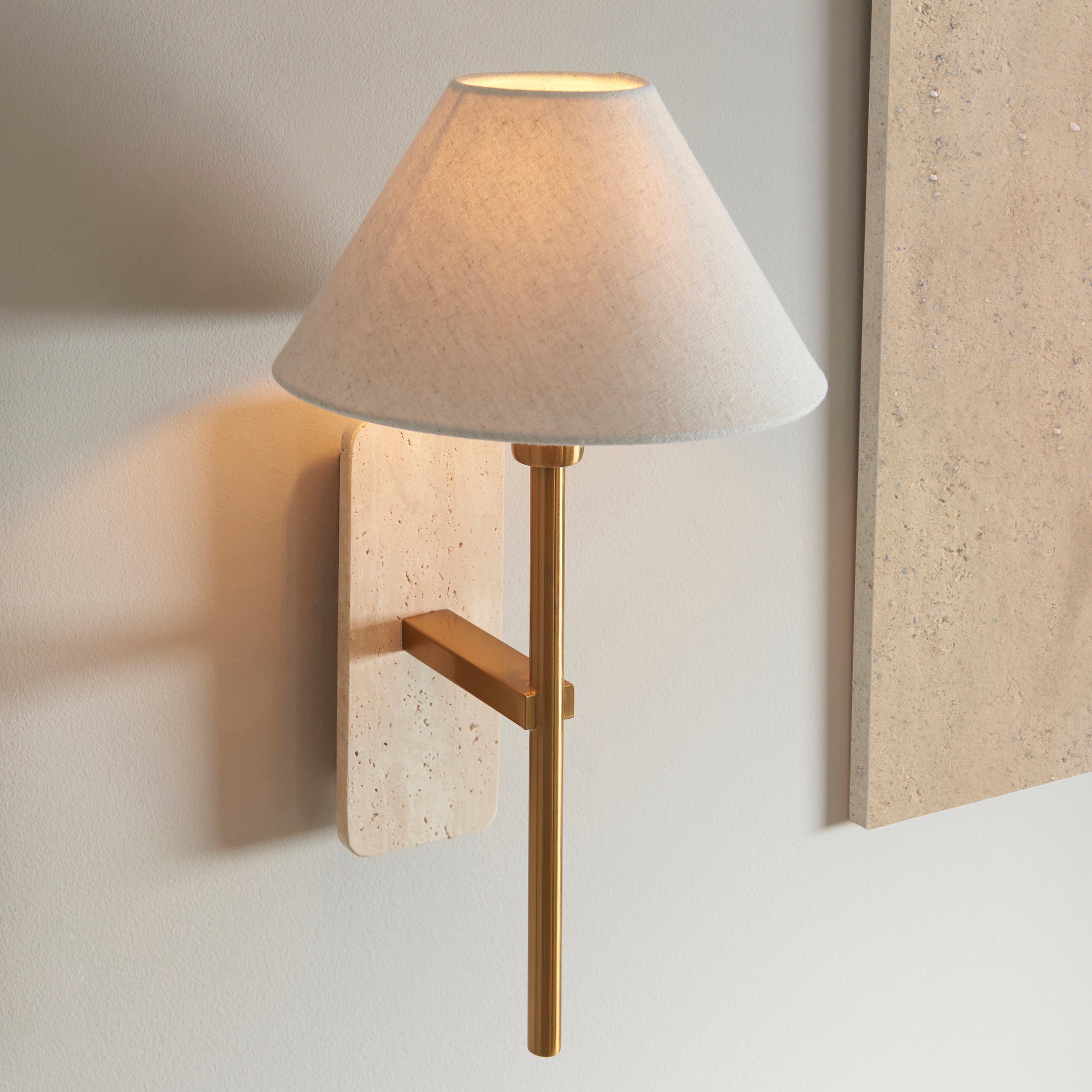 Faro Travertine Stone & Brass Wall Light - Faux Linen Shade
