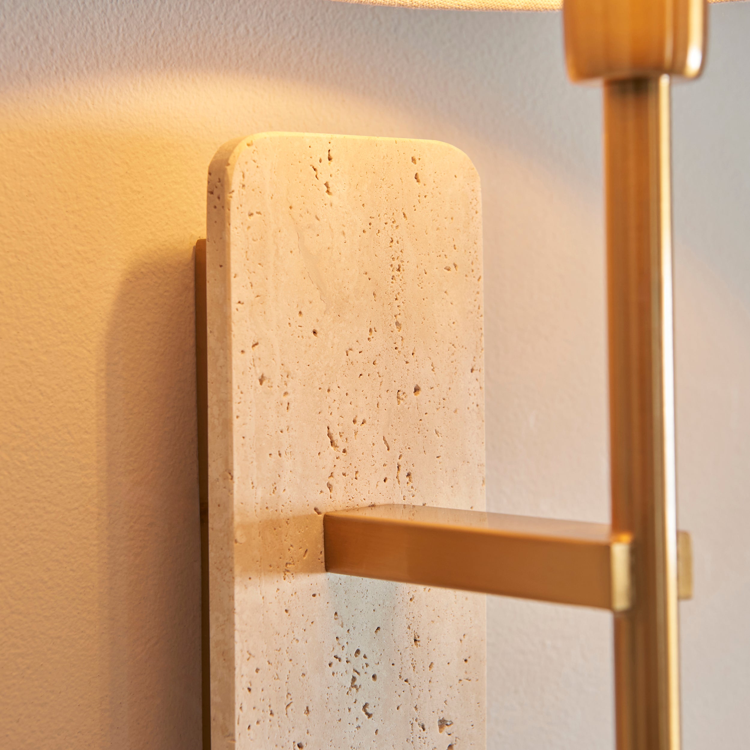 Faro Travertine Stone & Brass Wall Light - Faux Linen Shade