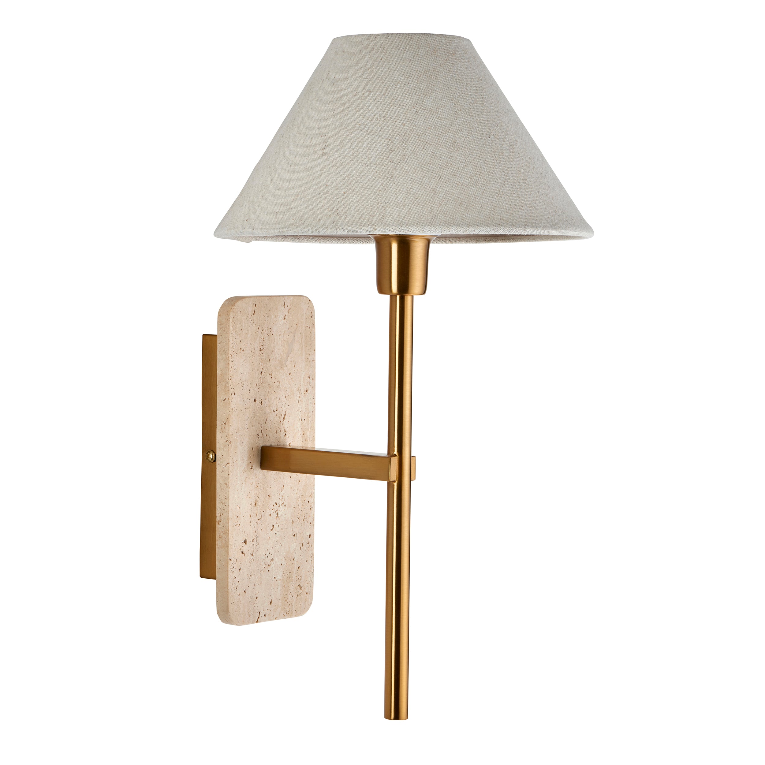 Faro Travertine Stone & Brass Wall Light - Faux Linen Shade