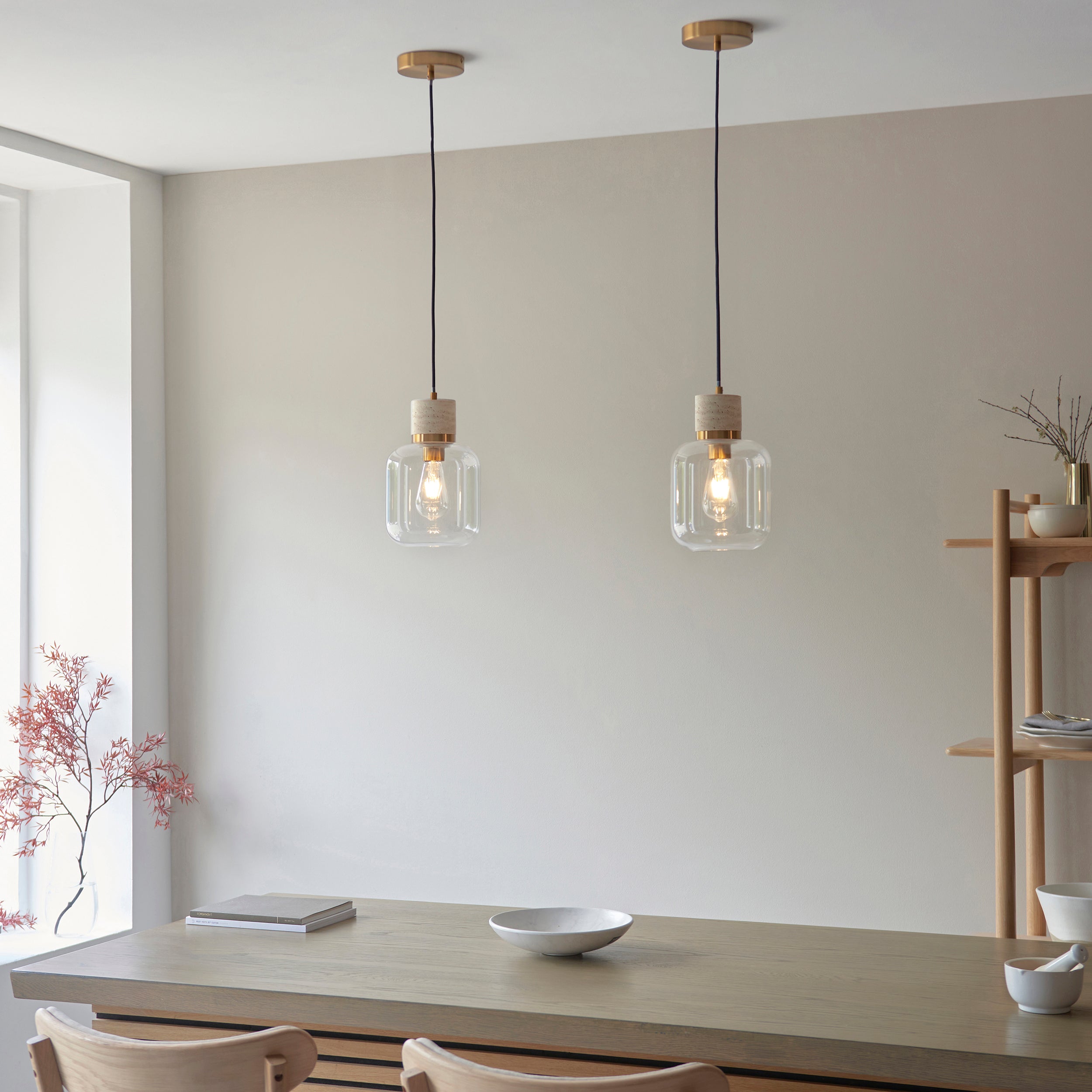 Travi Travertine Stone & Brass Pendant - Glass Shade