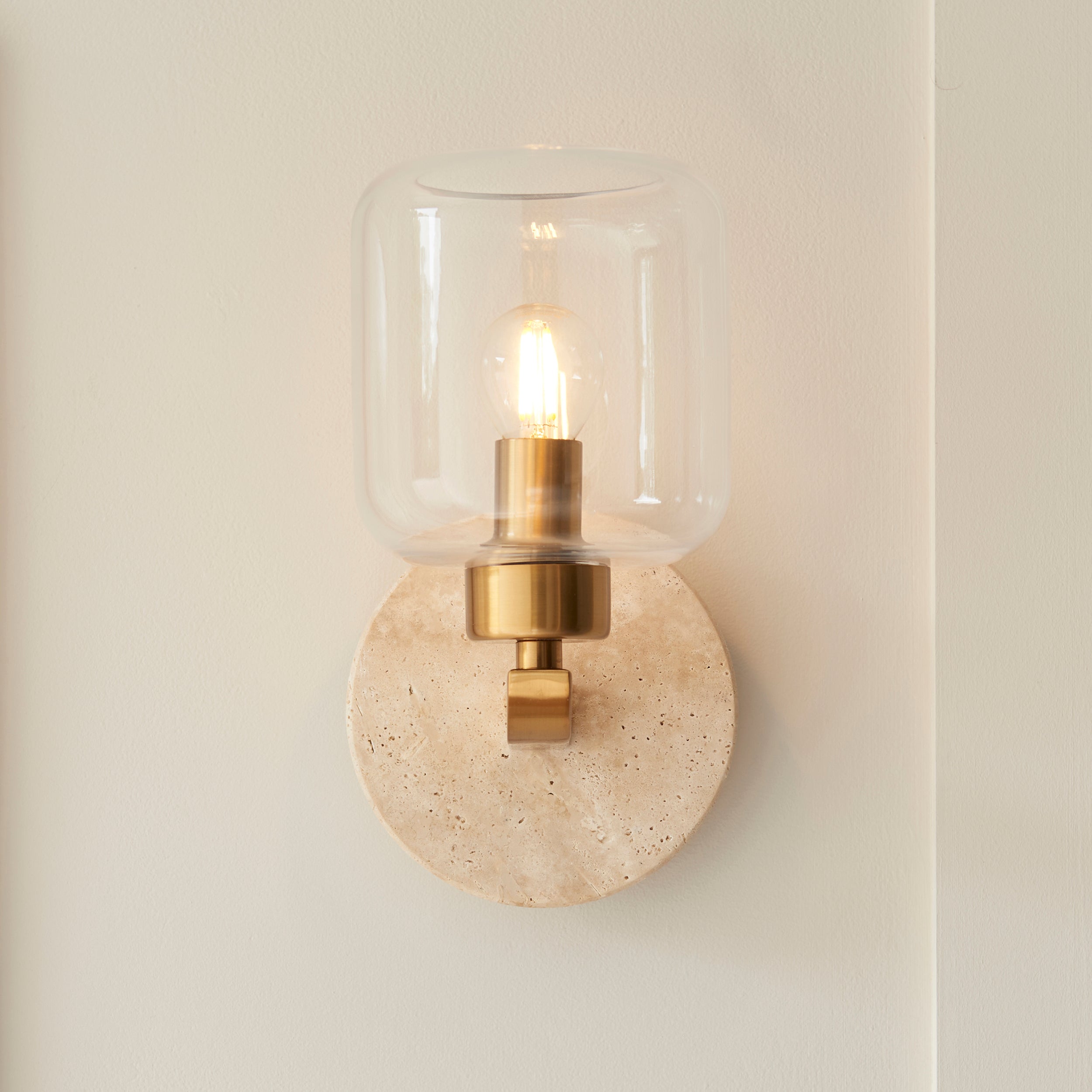 Travi Travertine Stone & Brass Wall Light - Glass Shade