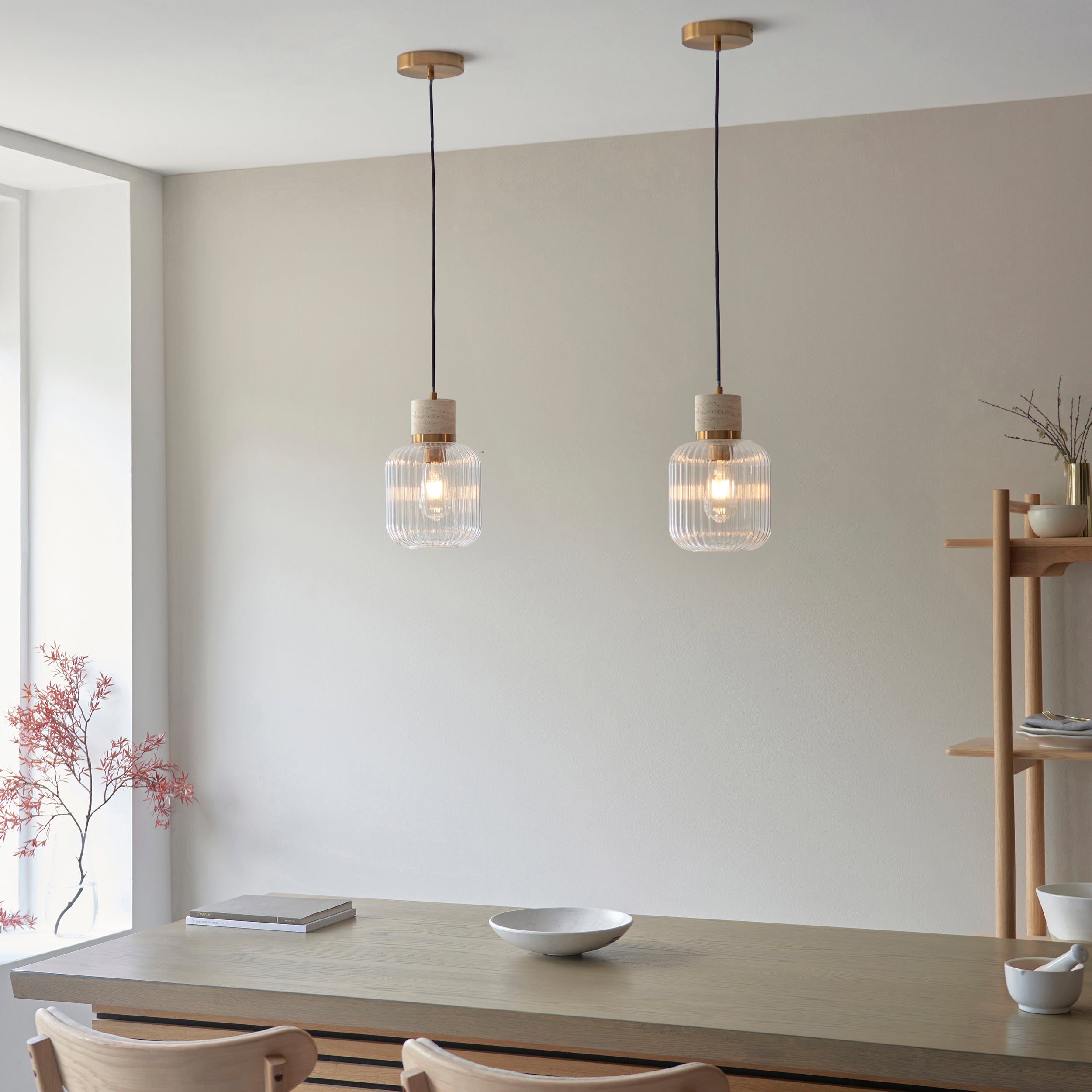 Travi Travertine Stone & Brass Pendant - Glass Ribbed Shade