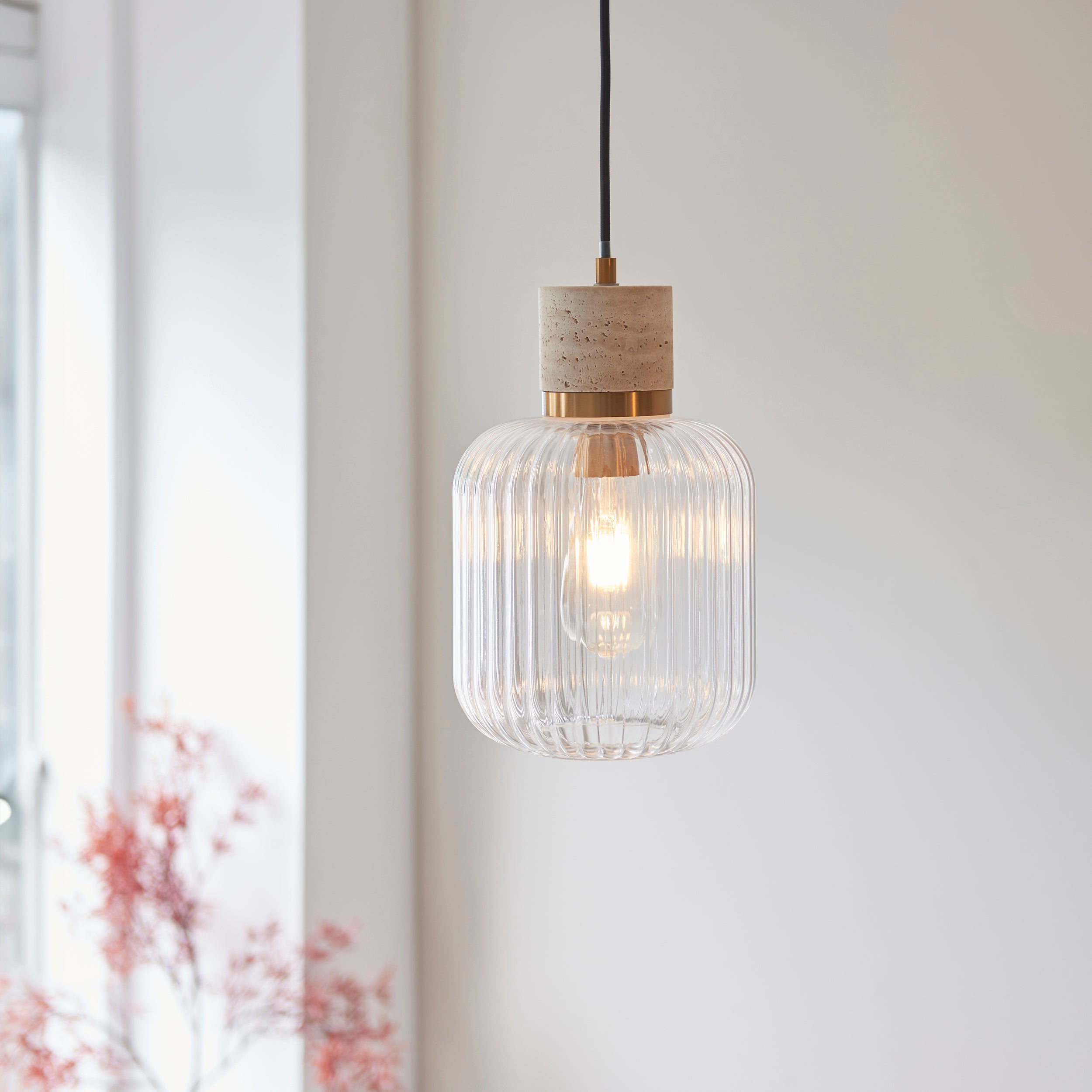 Travi Travertine Stone & Brass Pendant - Glass Ribbed Shade-OPEN-BOX-50-040626