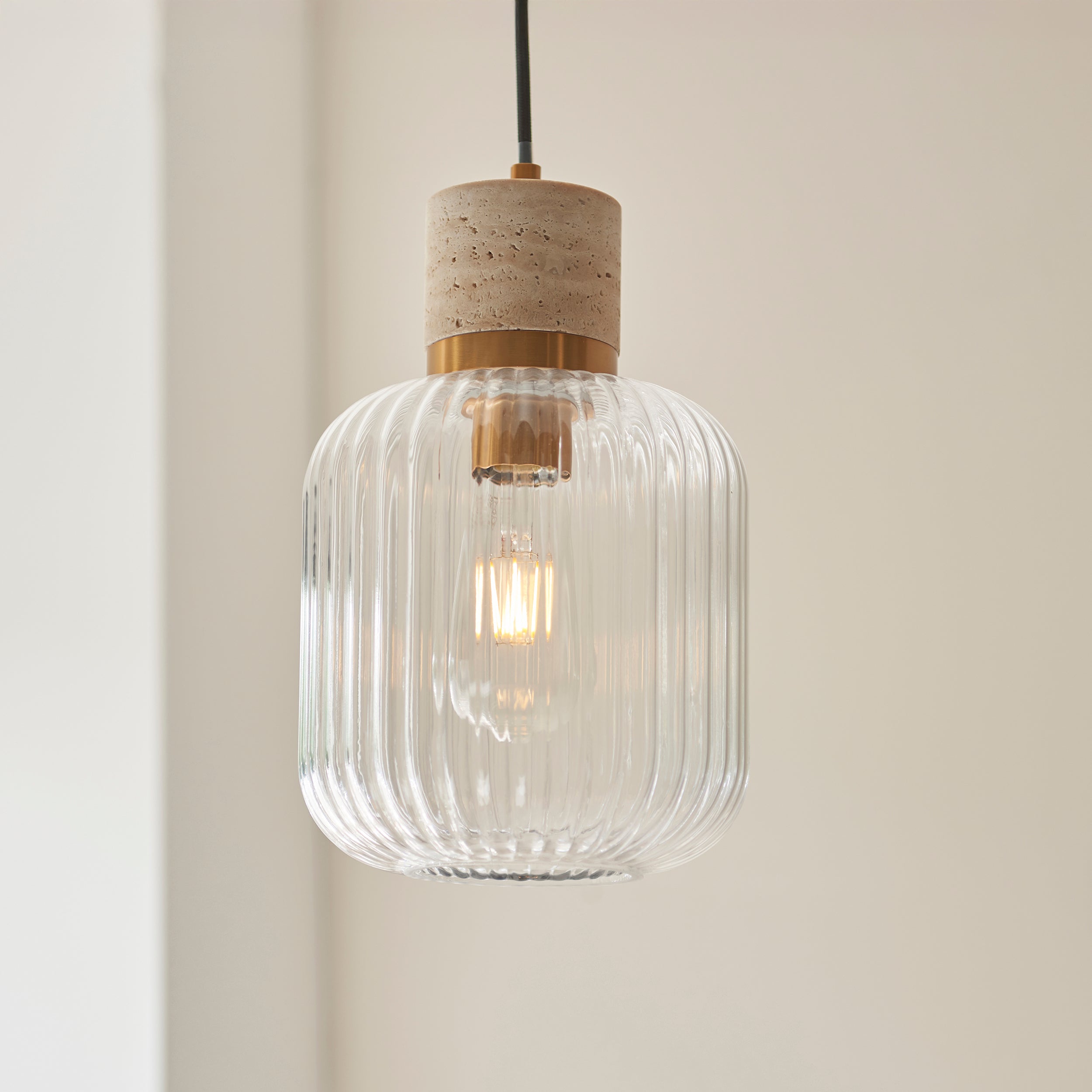 Travi Travertine Stone & Brass Pendant - Glass Ribbed Shade-OPEN-BOX-50-040626