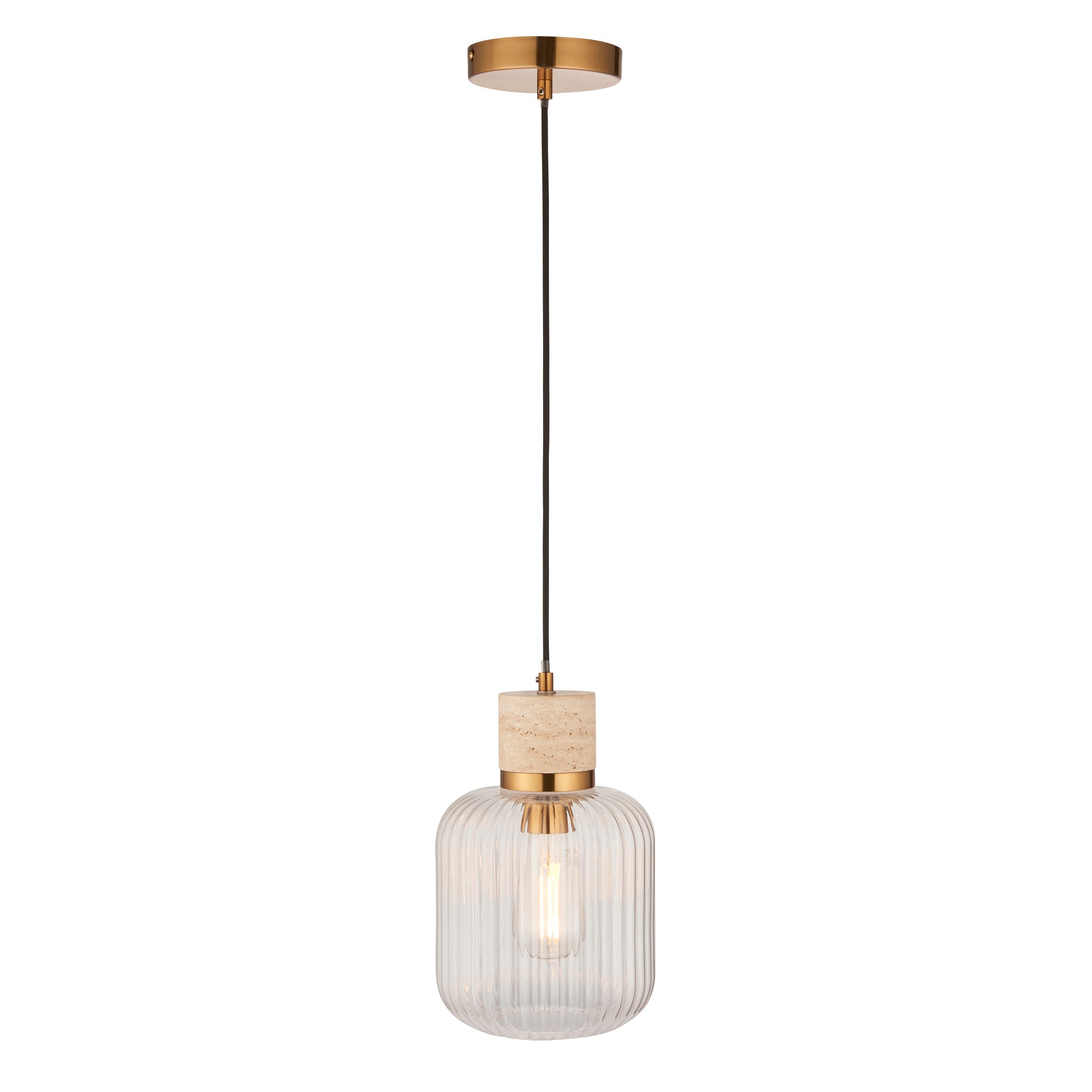 Travi Travertine Stone & Brass Pendant - Glass Ribbed Shade-OPEN-BOX-50-040626
