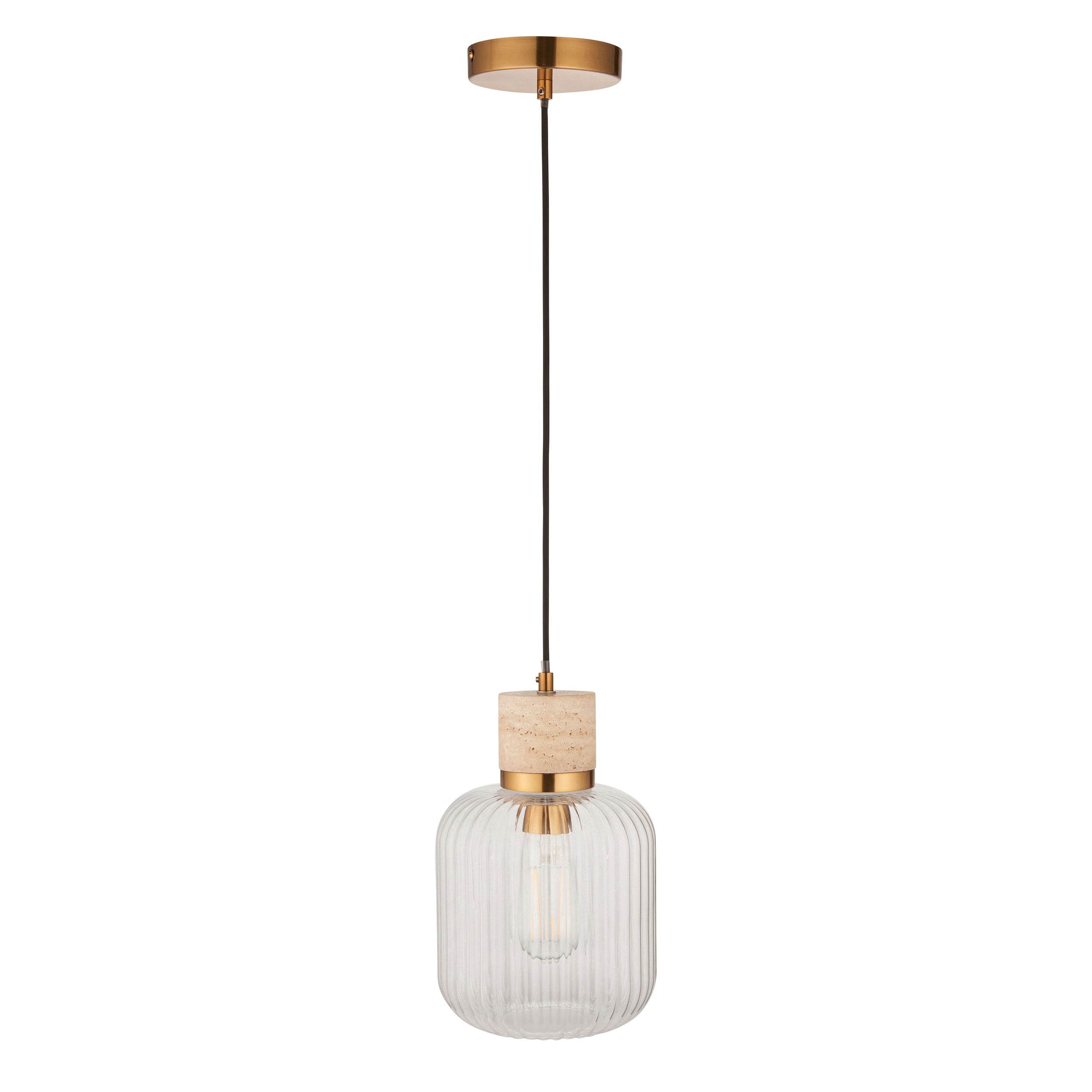 Travi Travertine Stone & Brass Pendant - Glass Ribbed Shade