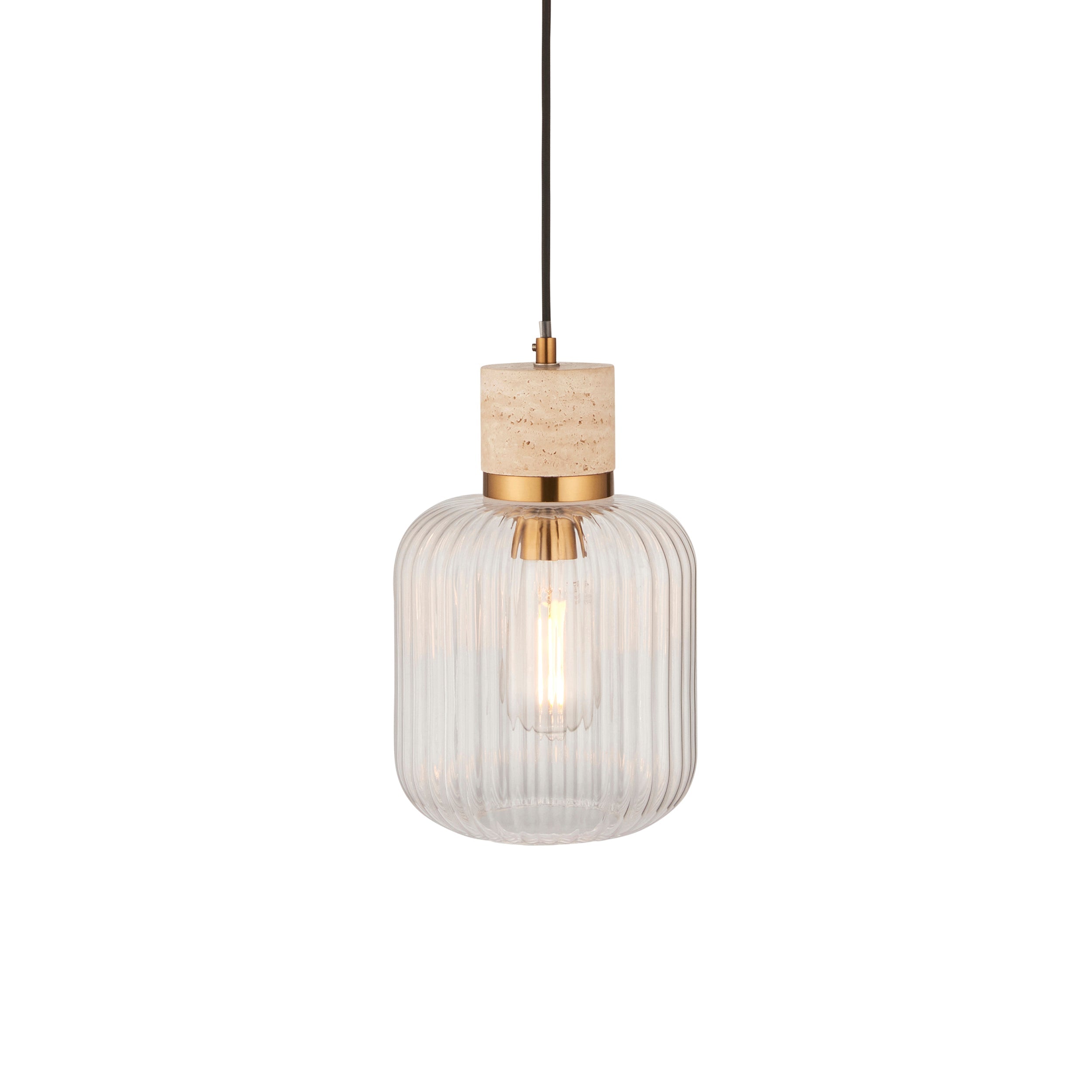 Travi Travertine Stone & Brass Pendant - Glass Ribbed Shade-OPEN-BOX-50-040626