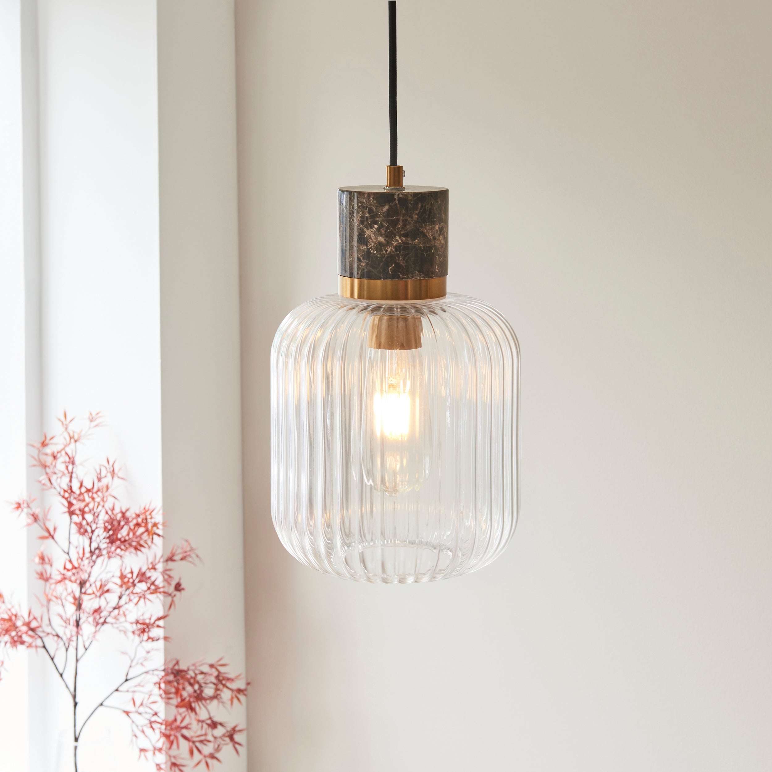 Travi Emperador Mable & Brass Pendant - Glass Ribbed Shade