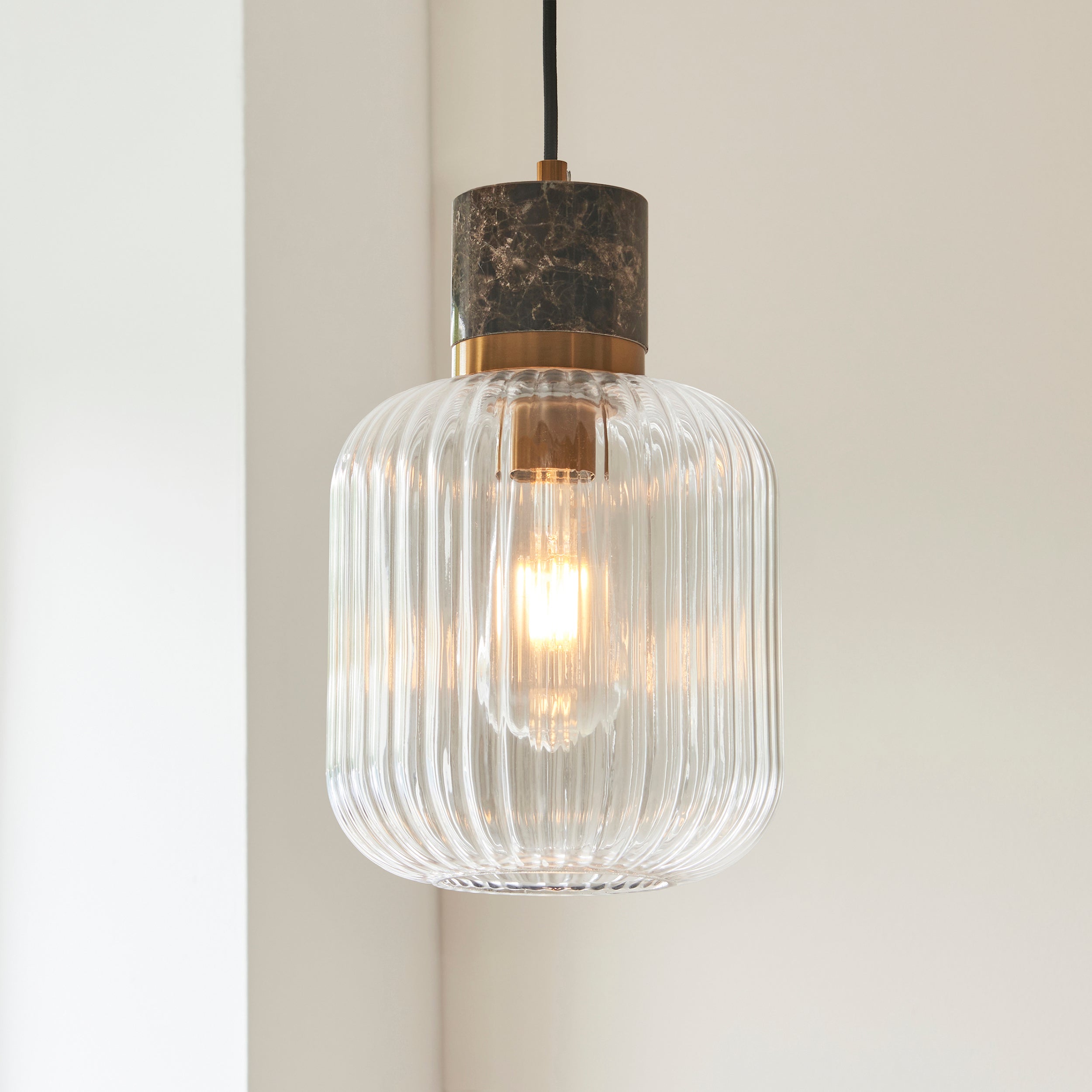 Travi Emperador Mable & Brass Pendant - Glass Ribbed Shade