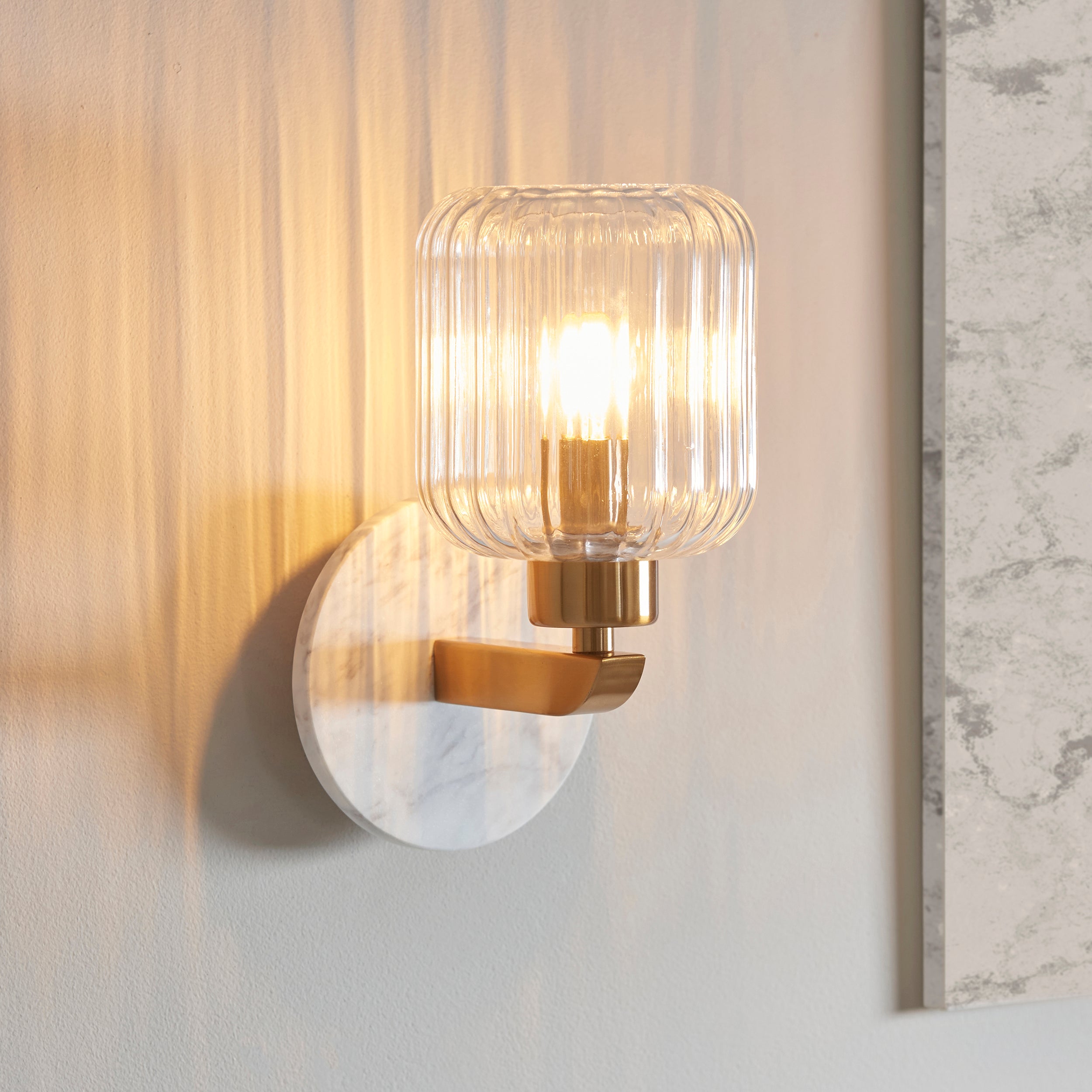 Travi Volakas Marble & Brass Wall Light - Glass Ribbed Shade