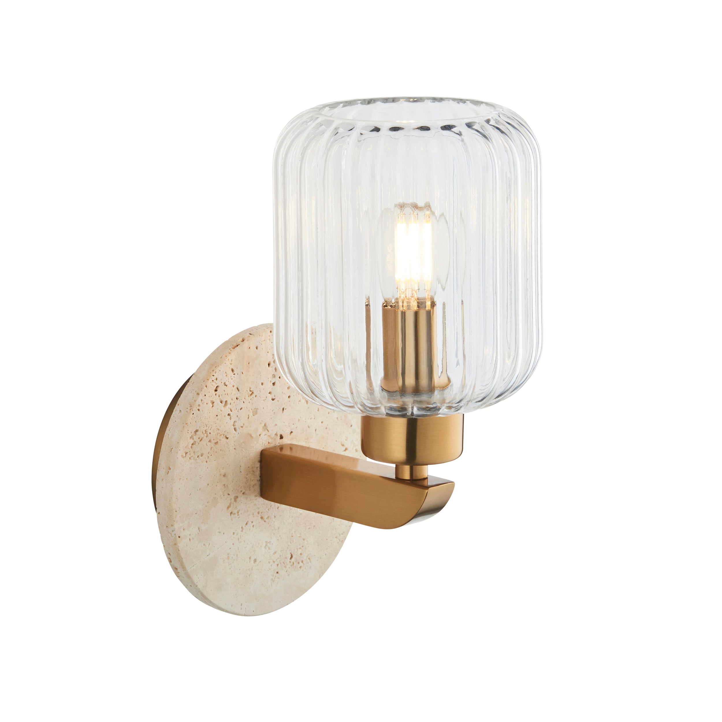 Travi Travertine Stone & Brass Wall Light - Glass Ribbed Shade 120668 by Endon Lighting