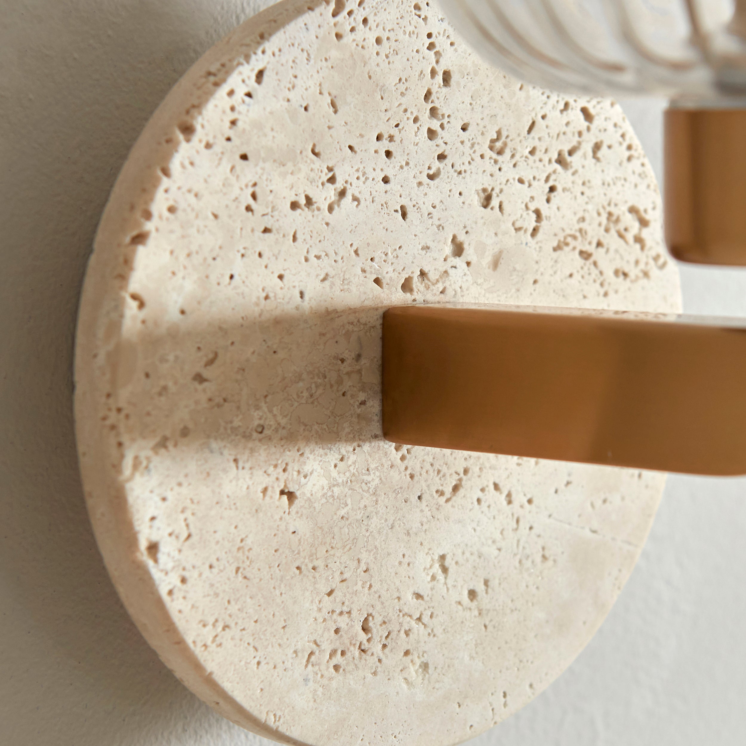 Travi Travertine Stone & Brass Wall Light - Glass Ribbed Shade