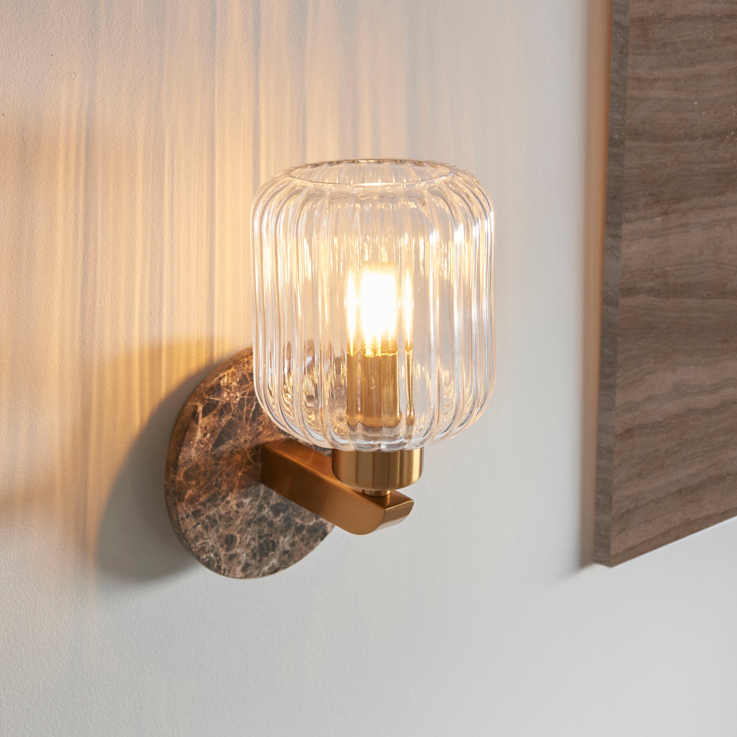 Travi Emperador Marble & Brass Wall Light - Glass Ribbed Shade
