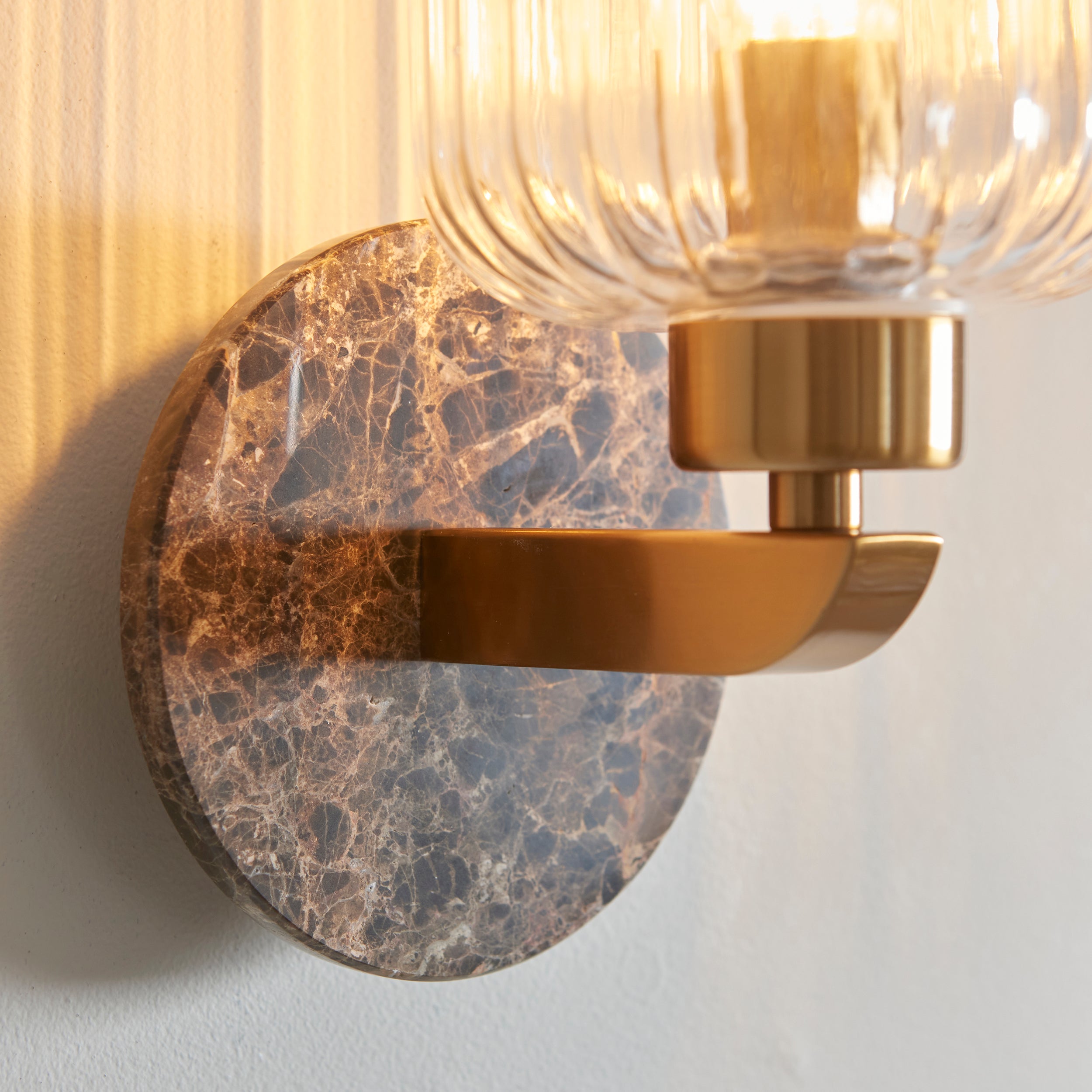 Travi Emperador Marble & Brass Wall Light - Glass Ribbed Shade