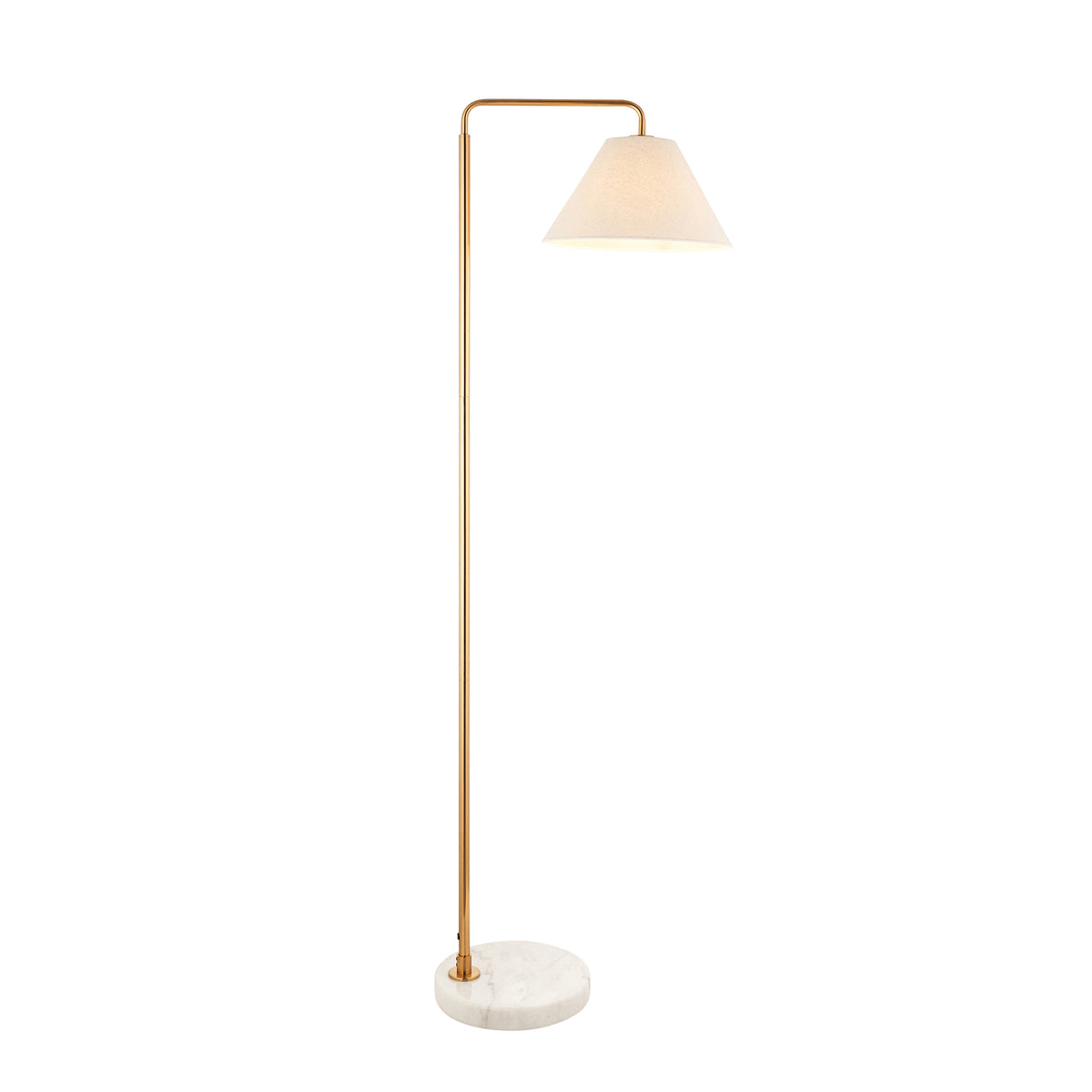 Wallbridge brushed aged brass floor lamp with cream linen coolie shade and round marble base