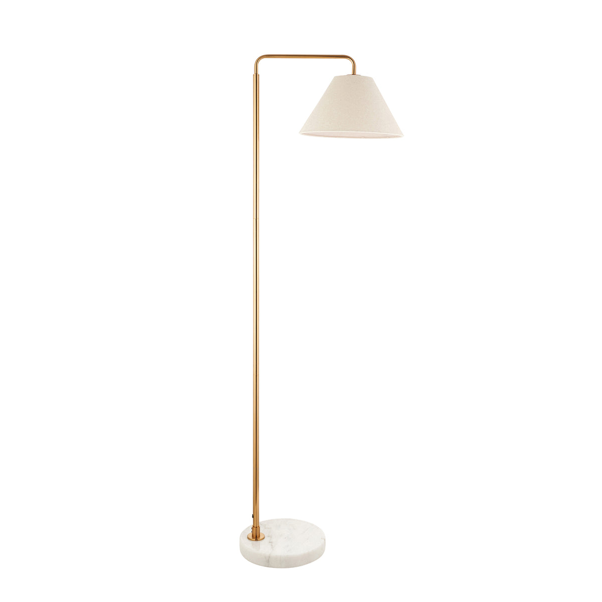 Wallbridge brass floor lamp with linen shade and marble base, cut out on white