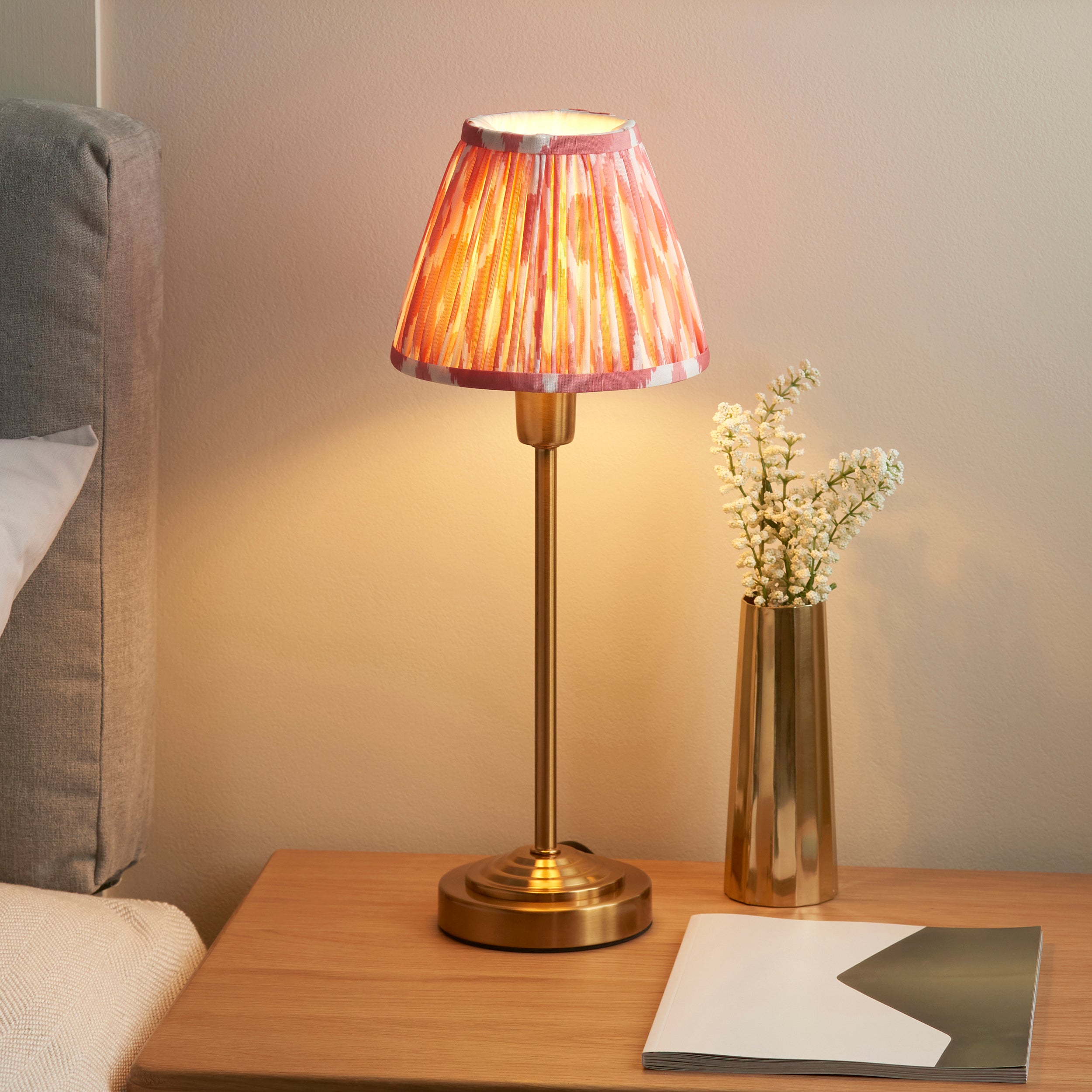 Rise Brass Table Lamp & Coral Pink Ikat 16cm Shade