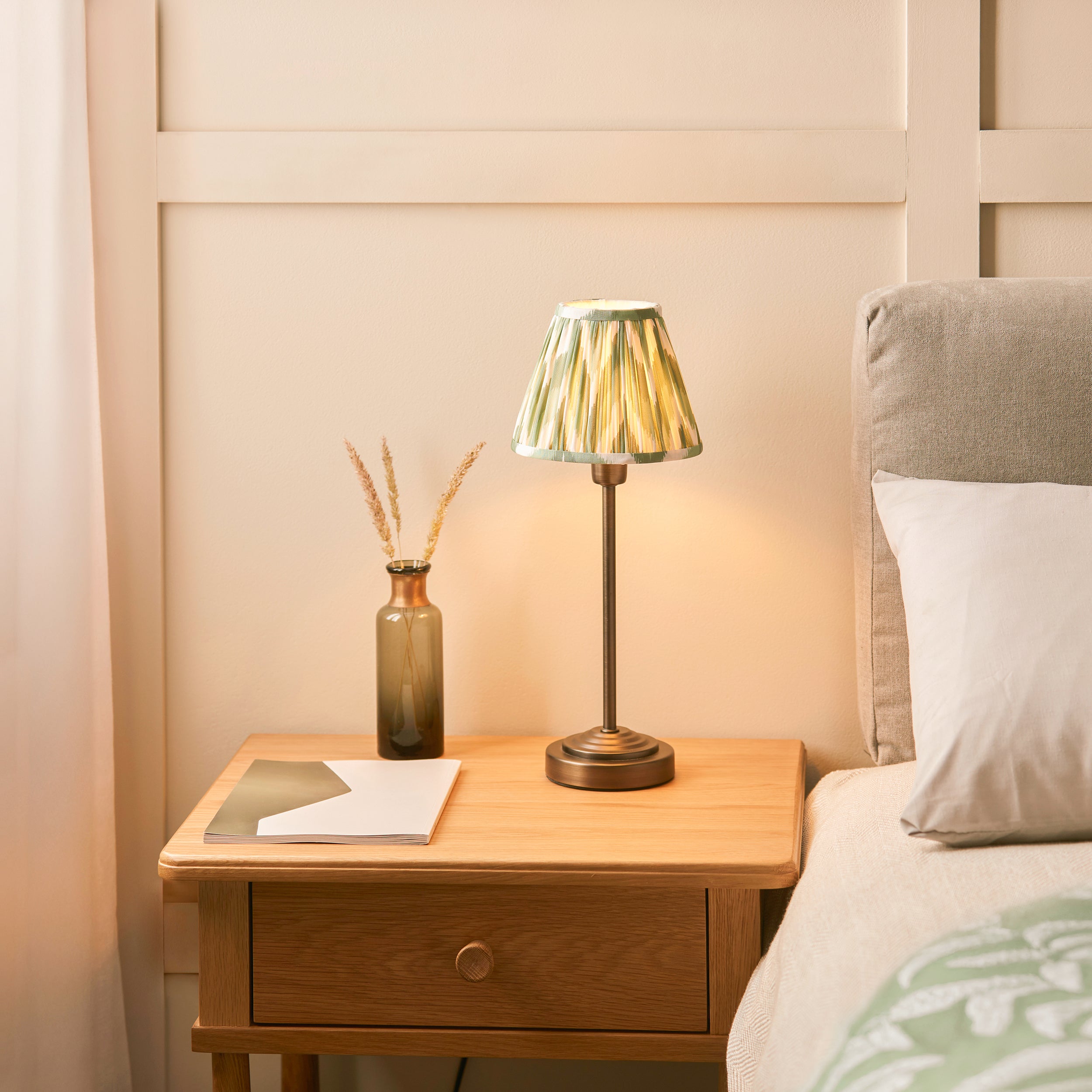 Rise Bronze Table Lamp & Green Ikat 16cm Shade