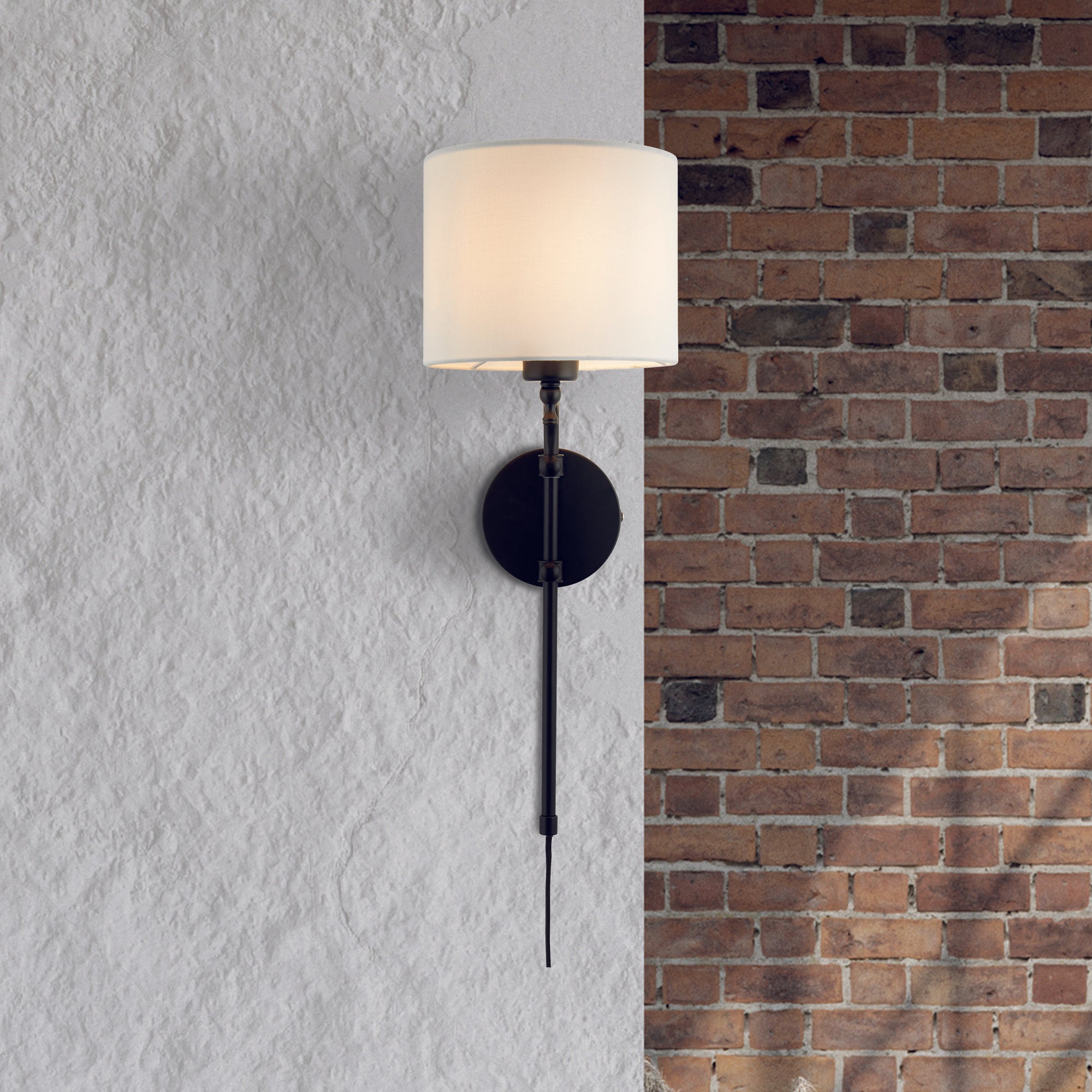 Searchlight Munich Black Wall Light - Linen Shade