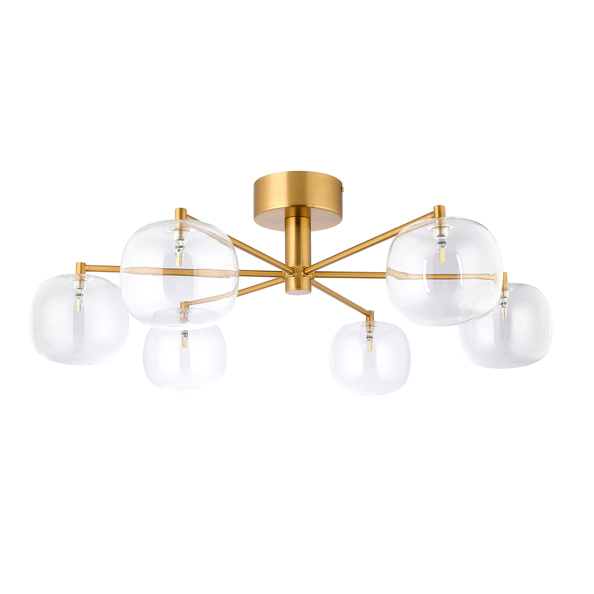 Oslo aged brass semi flush ceiling light with six clear glass shades on a plain background