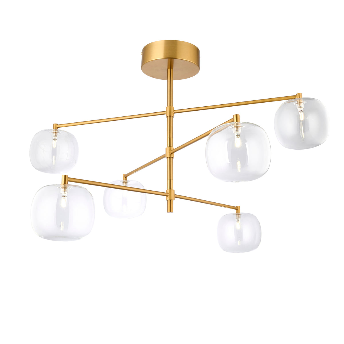 Oslo brushed aged brass pendant with six clear glass globes on adjustable crossed arms