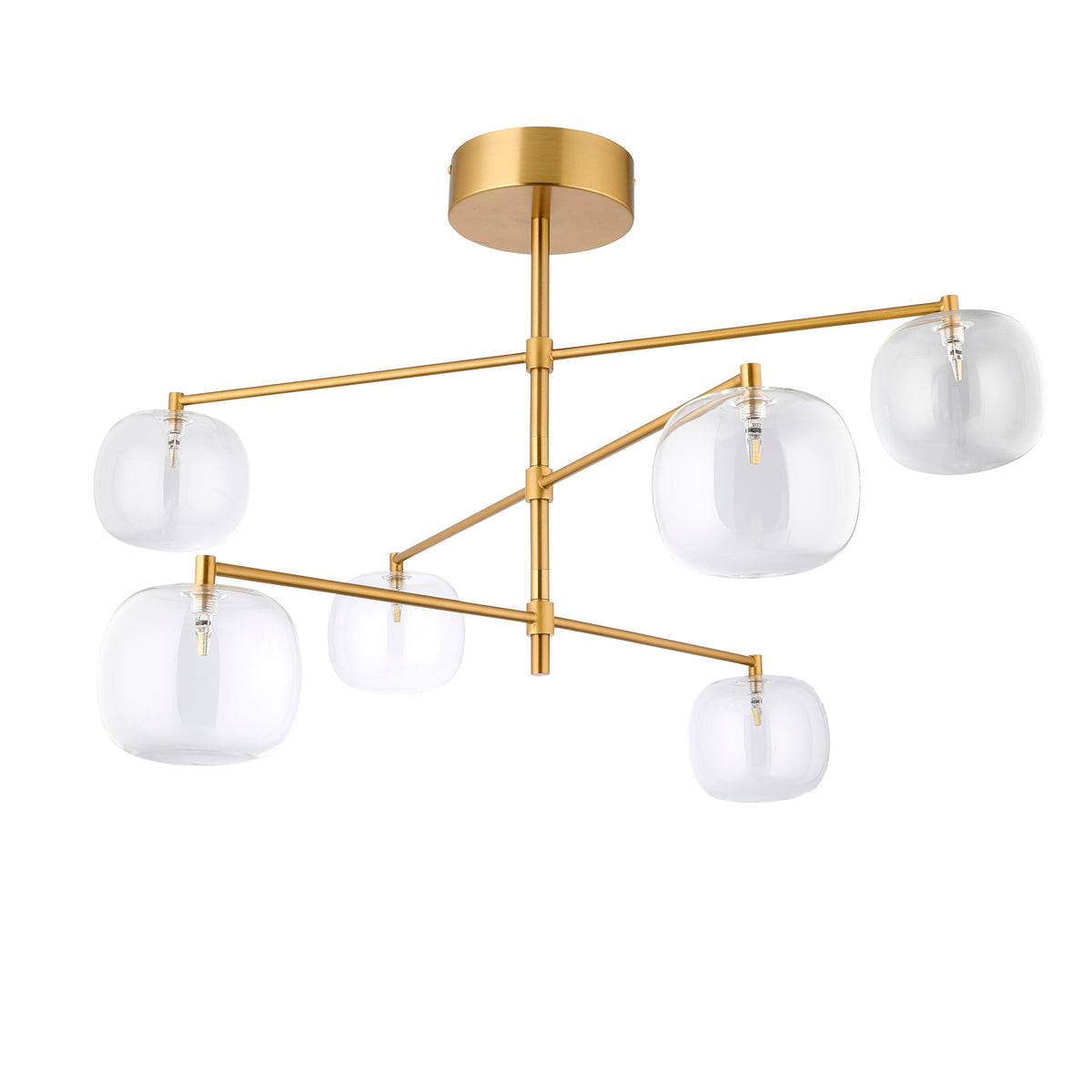 Oslo brushed aged brass pendant with adjustable arms and six clear glass globes, studio shot