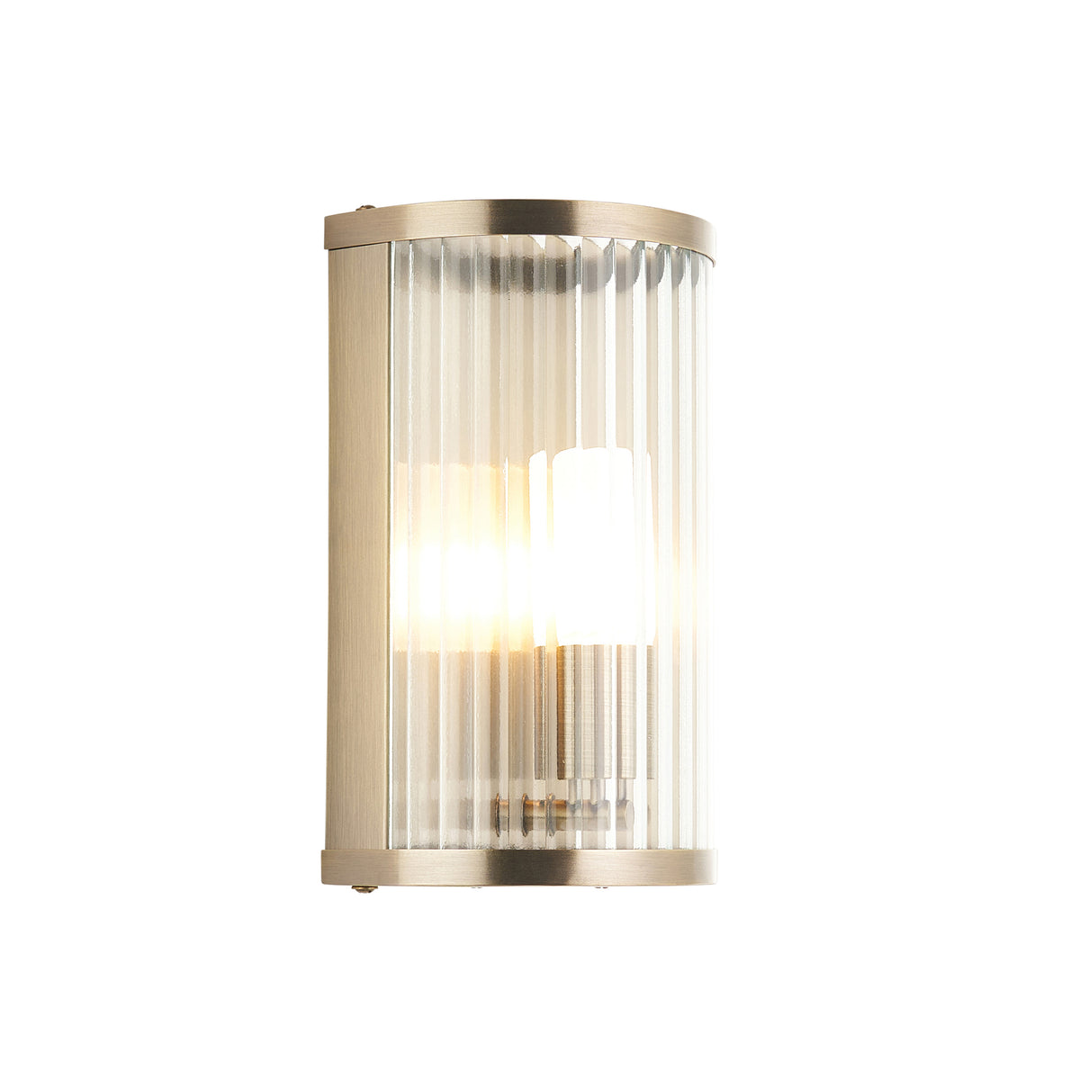 Ridgeton antique brass bathroom wall light with ribbed clear glass half-cylinder shade