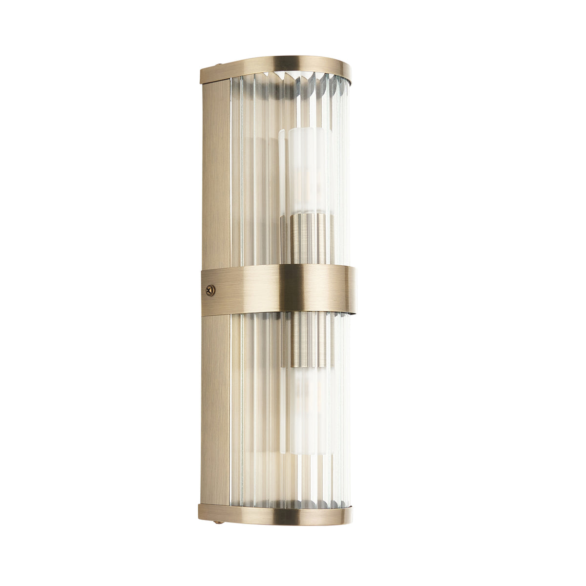 Ridgeton twin bathroom wall light in antique brass with clear ribbed glass, unlit