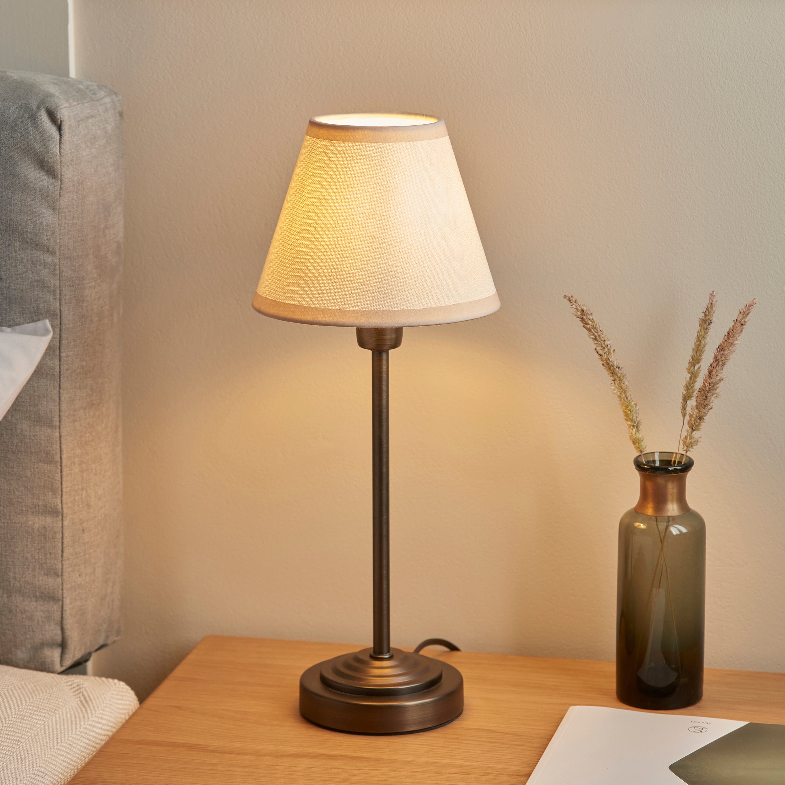 Rise Bronze Table Lamp & Vintage White Ikat 16cm Shade