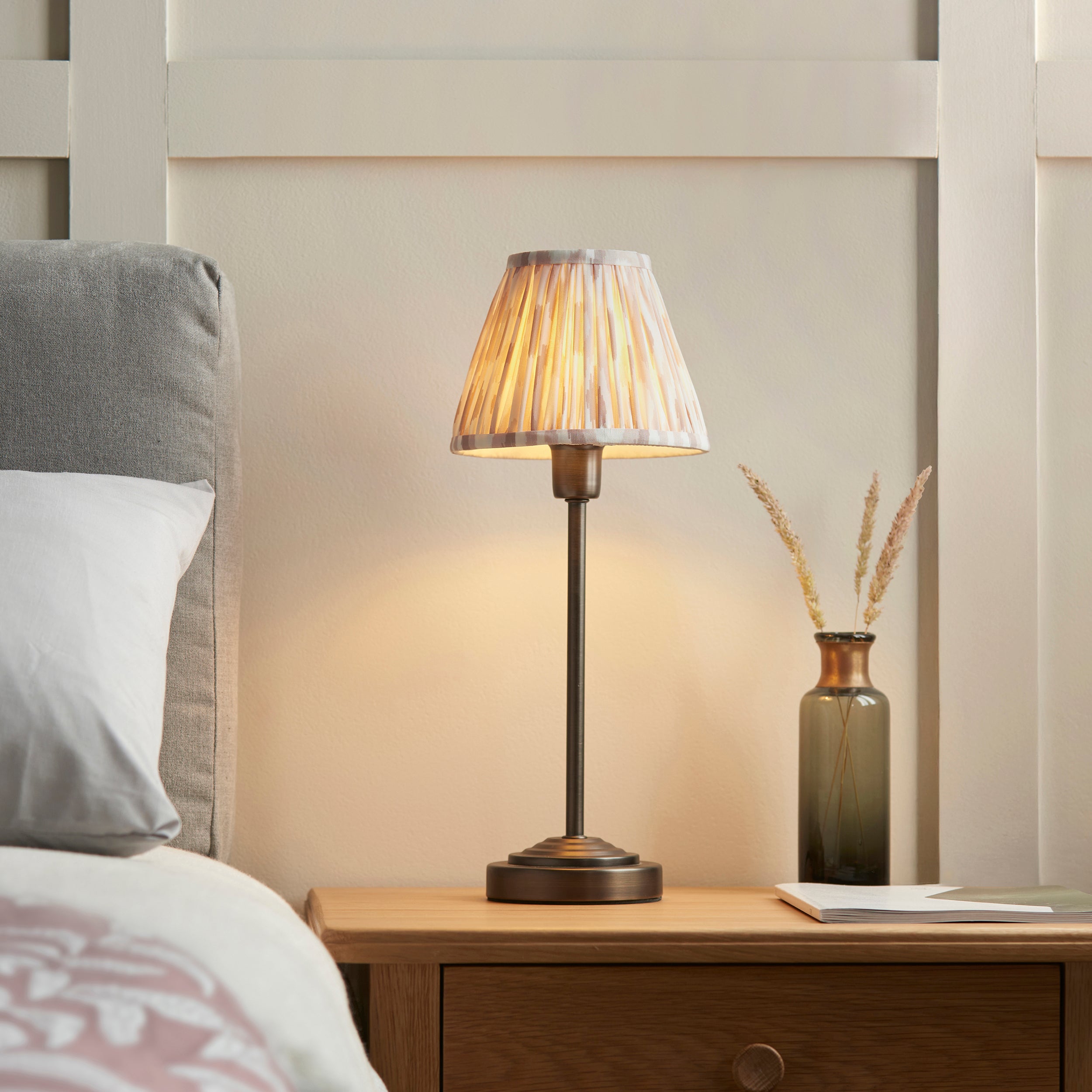 Rise Bronze Table Lamp & Neutral Ikat 16cm Shade