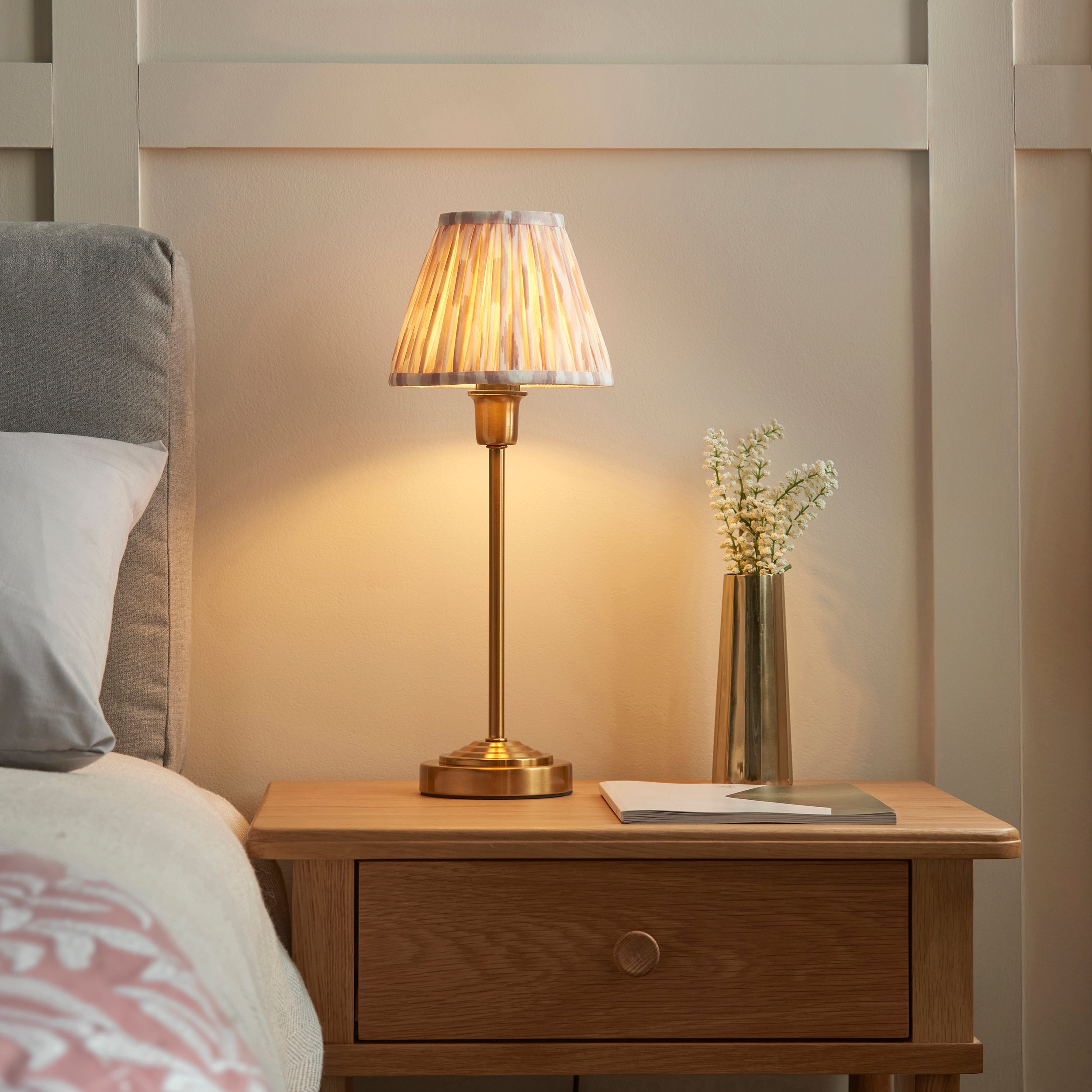 Rise Brass Table Lamp & Neutral Ikat 16cm Shade