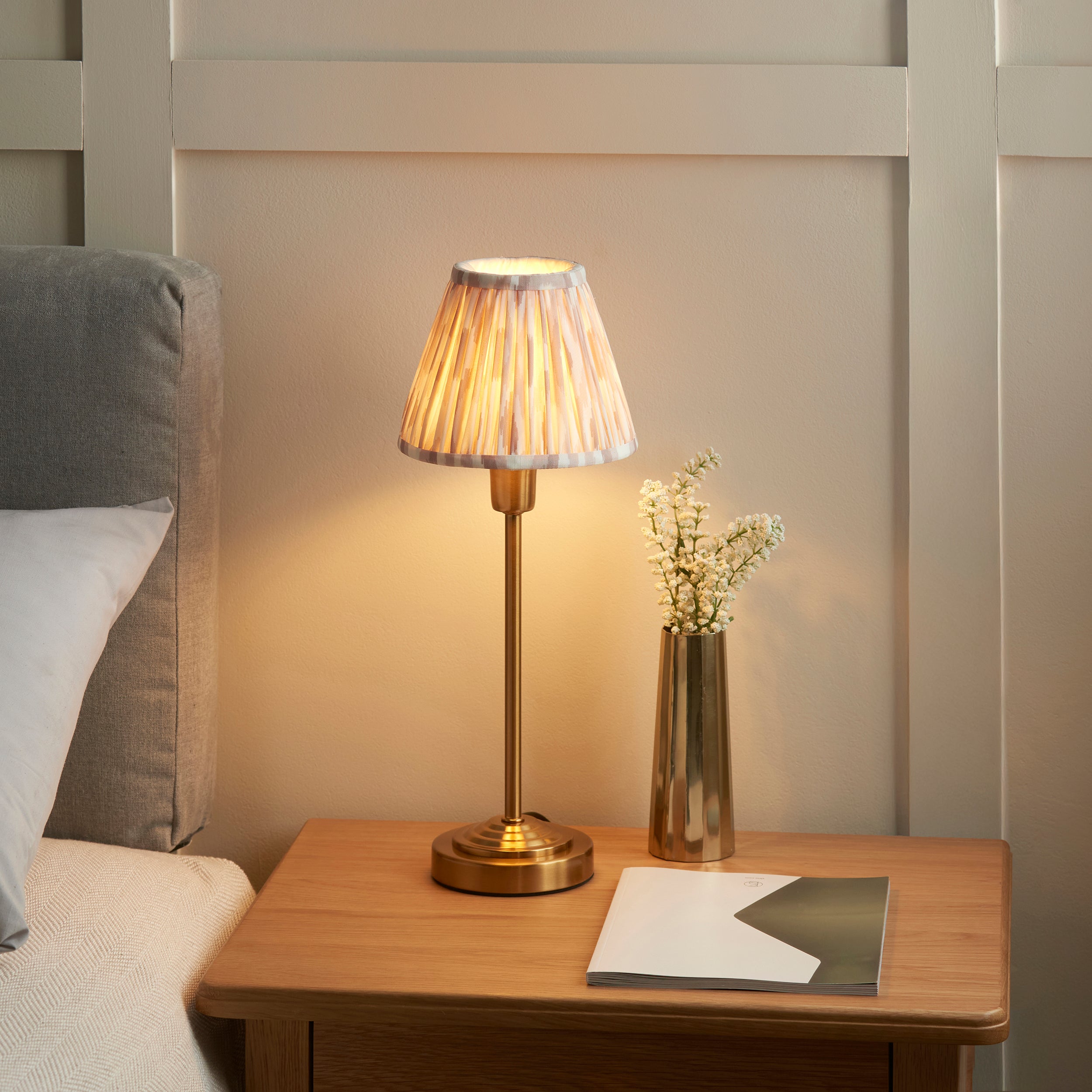 Rise Brass Table Lamp & Neutral Ikat 16cm Shade