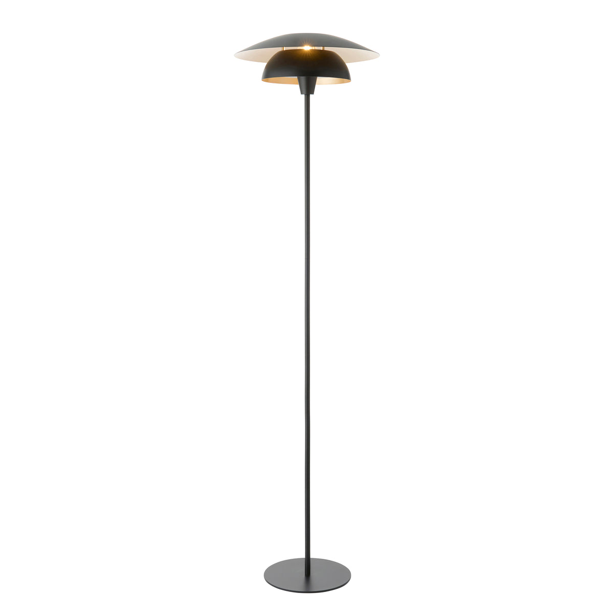 Lyon black and brass floor lamp with layered sculptural disc shade on a slim stem and round base
