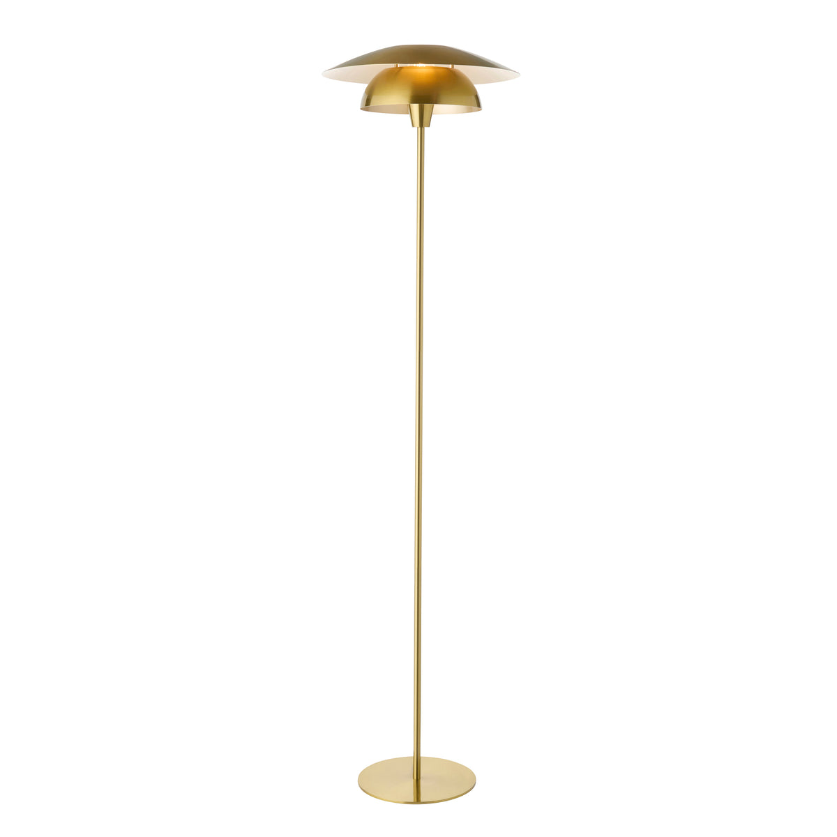 Lyon satin brass floor lamp with layered disc shade, slim stem and round polished base