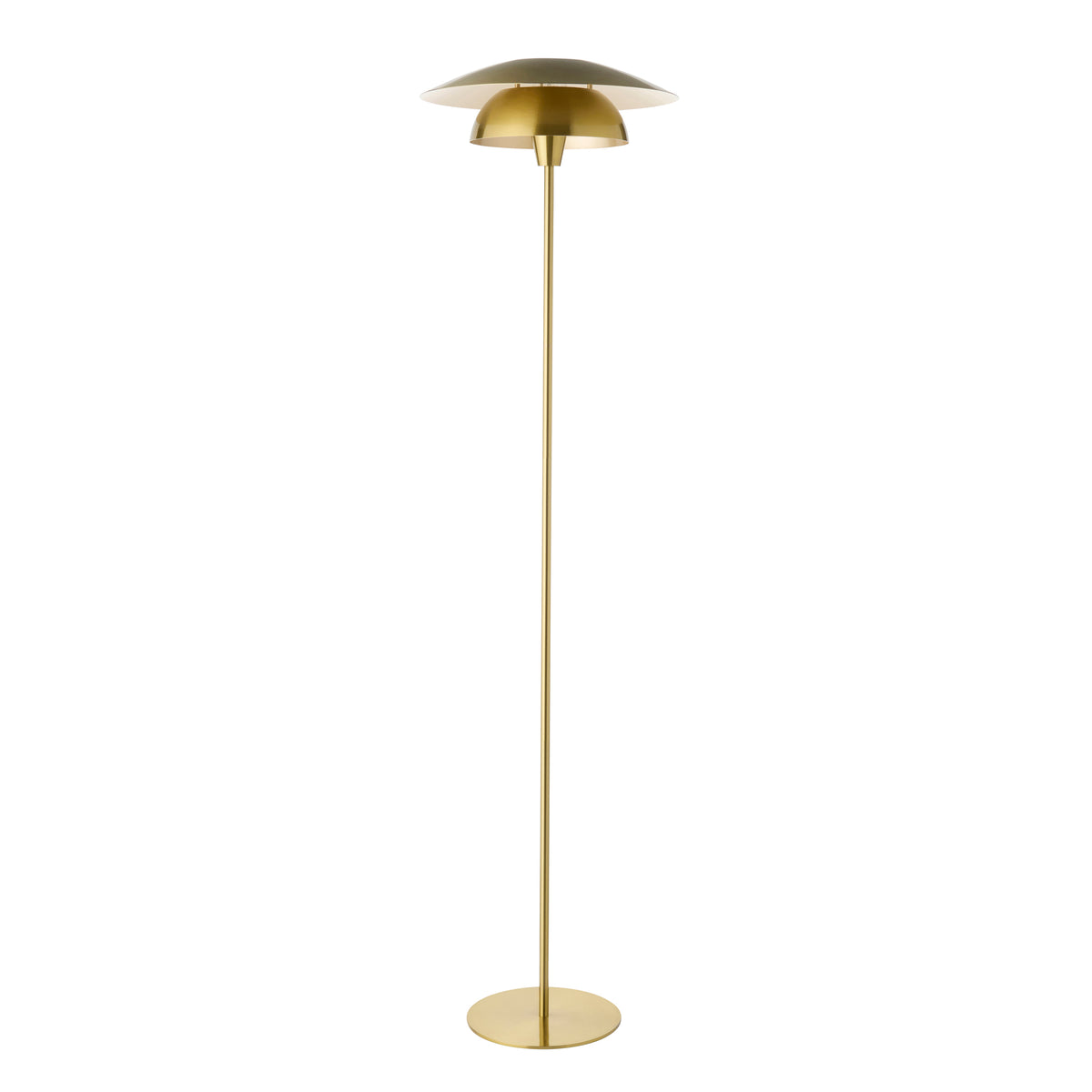 Lyon floor lamp in satin brass with layered saucer shade and weighted round base