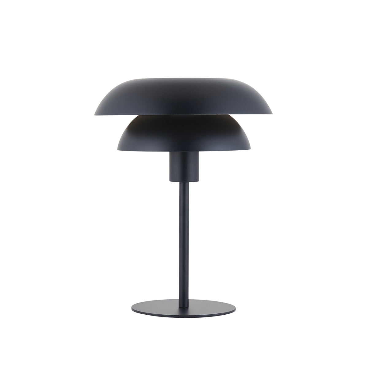 Lyon table lamp in matt black with layered shades and weighted round base, unlit