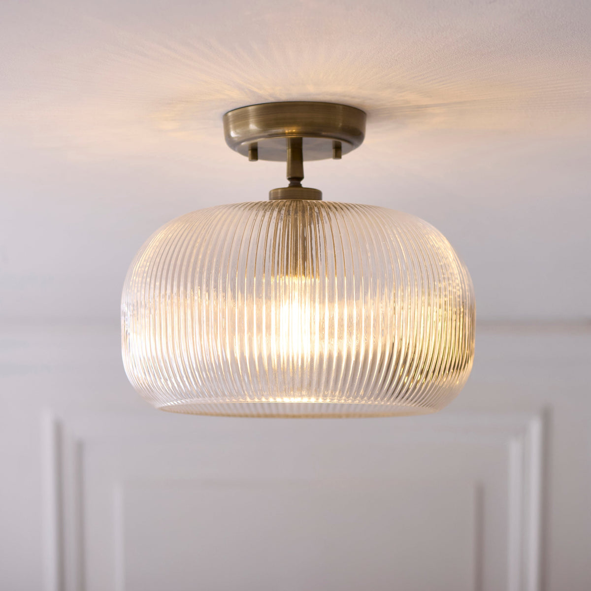 Harborne Antique Brass Flush Ceiling Light - Ribbed Glass-warehouse-091026
