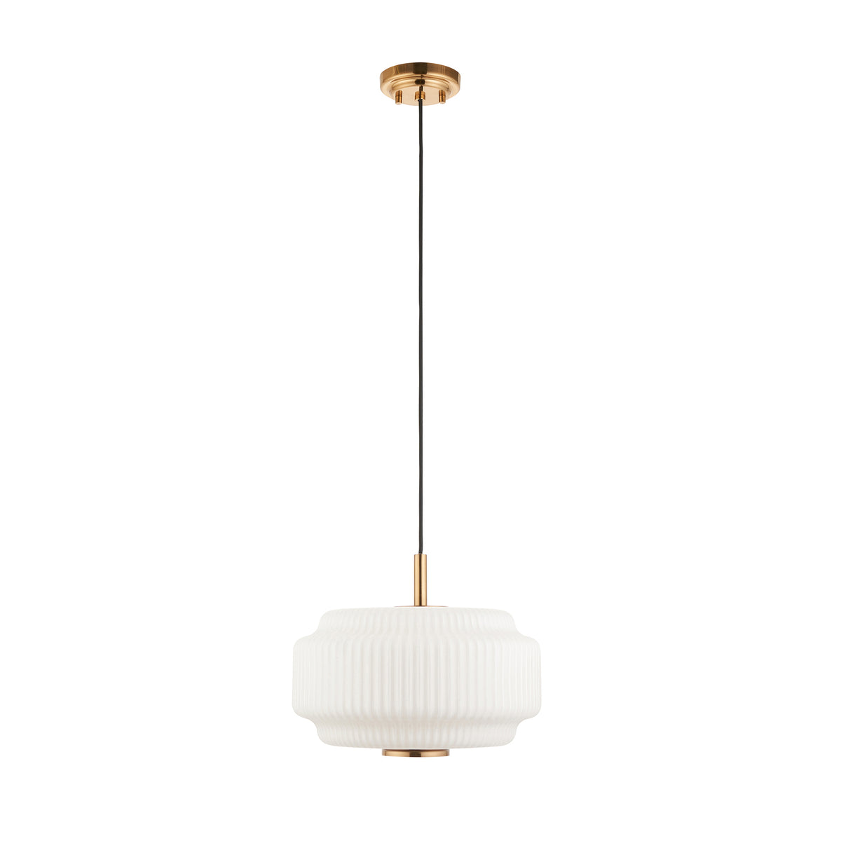 Evora pendant with ribbed opal glass shade and brass details suspended on a black cable