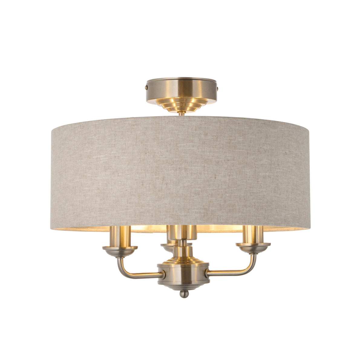Highclere chrome flush ceiling light with three arms and a natural linen drum shade