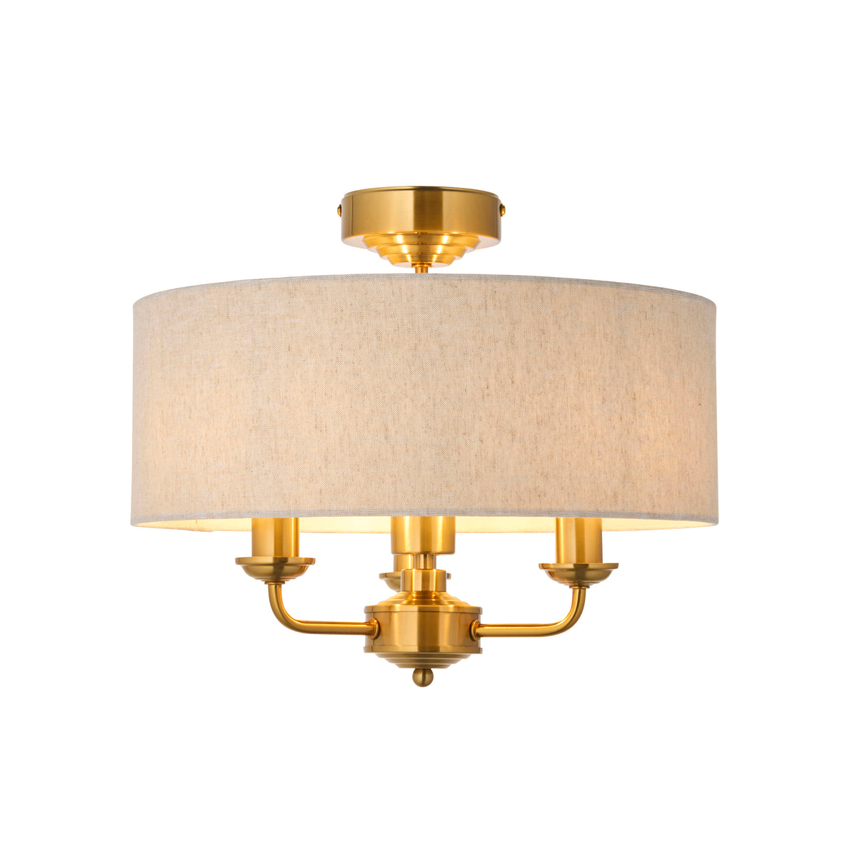 Highclere vintage brass flush ceiling light with three arms and a natural linen drum shade