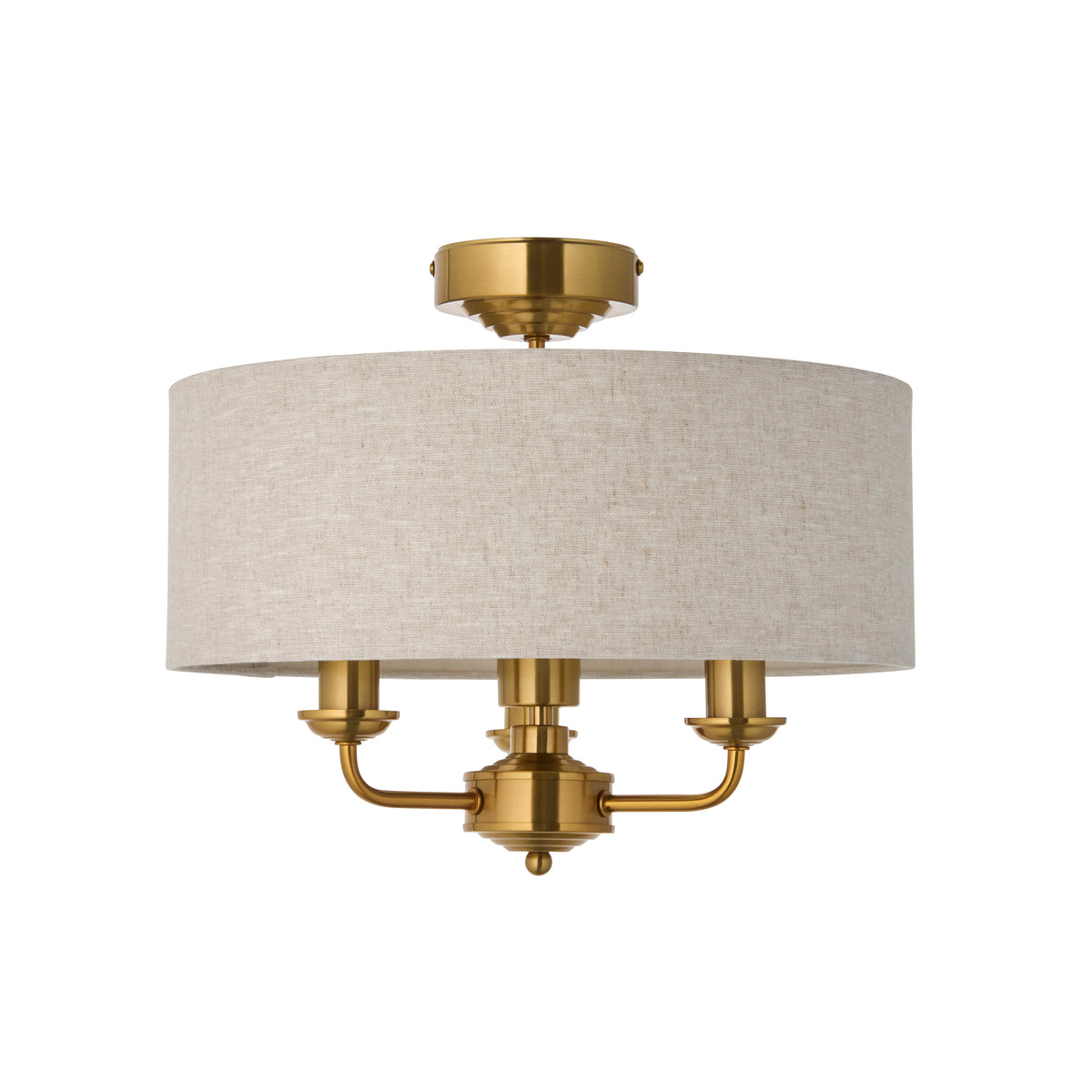 Highclere vintage brass flush ceiling light with natural linen shade, shown unlit