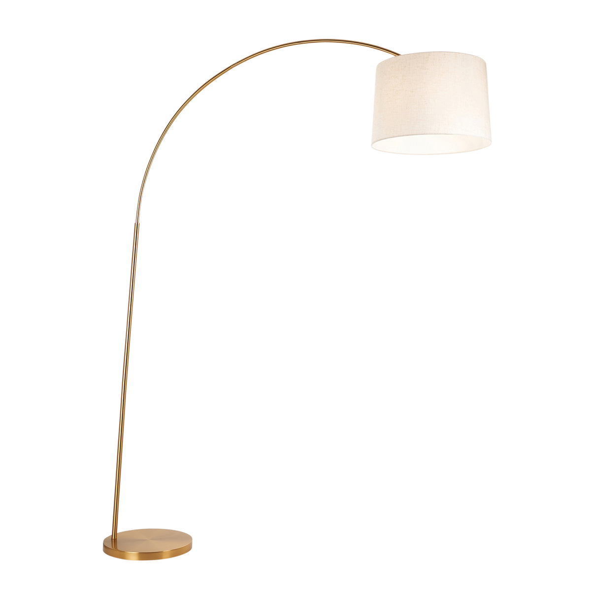 Carlson XL warm brass arched floor lamp with a natural linen drum shade and round disc base