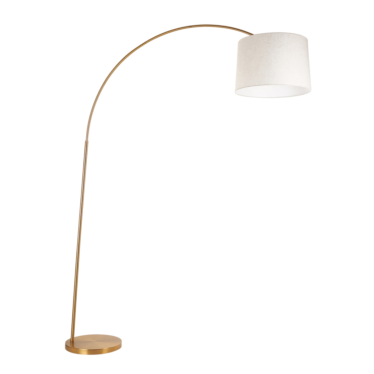 Carlson XL warm brass arched floor lamp with off-white linen shade, shown unlit