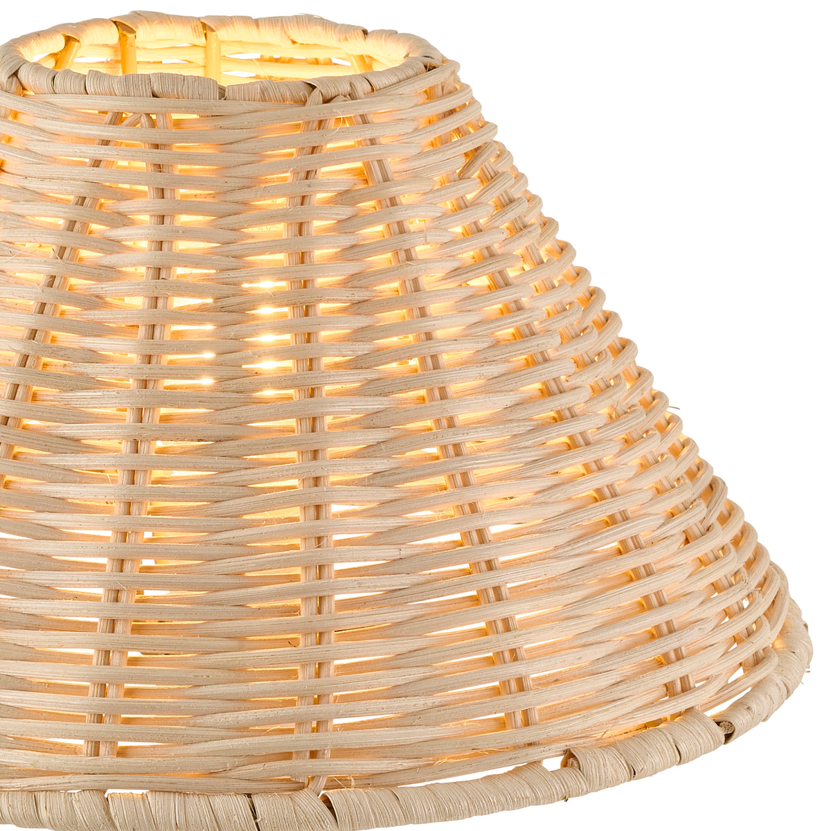 Close-up of the natural rattan shade's woven cane and bound lower rim