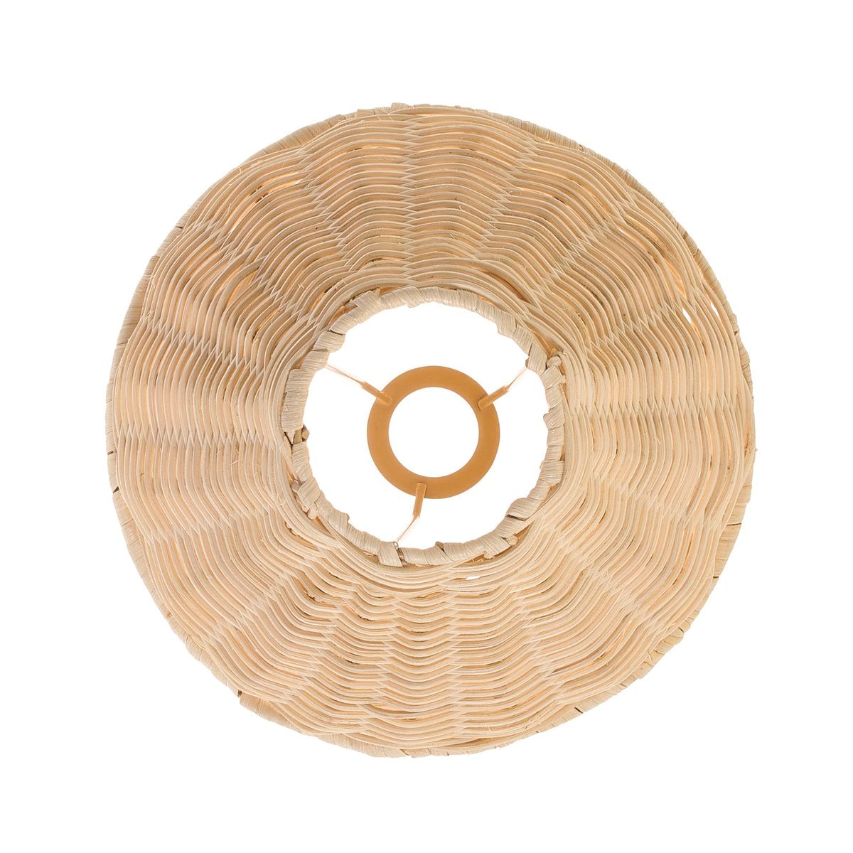 Top view of the natural rattan shade showing its woven interior and gimbal ring