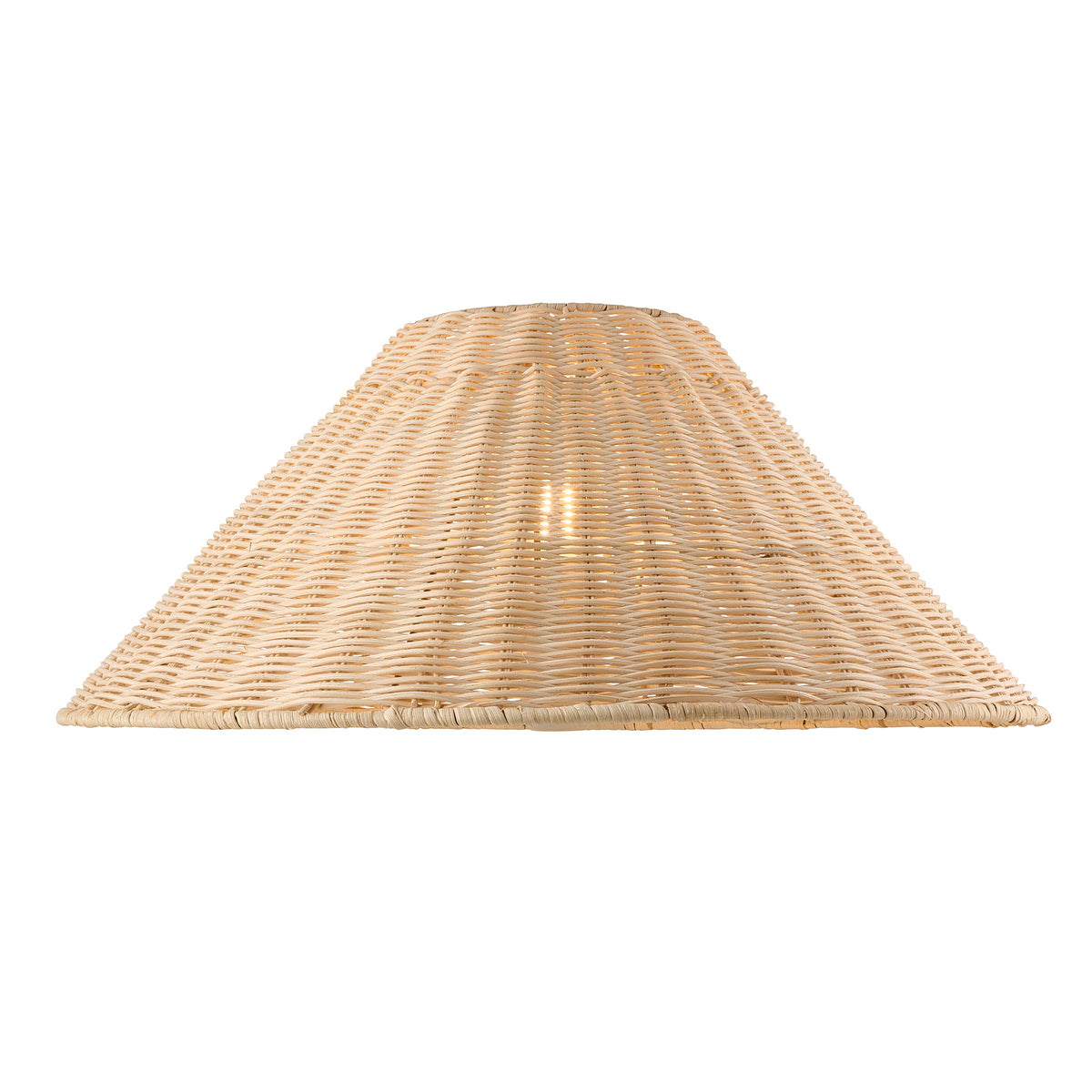 Wide rattan ceiling shade illuminated, highlighting the natural woven cane
