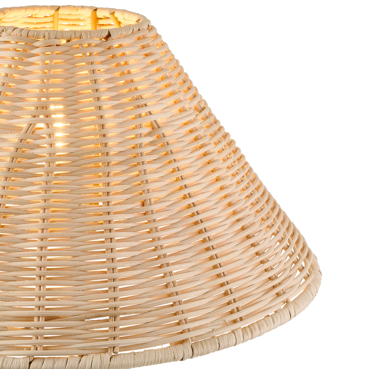Close-up of the rattan lamp shade's woven cane and finished lower edge