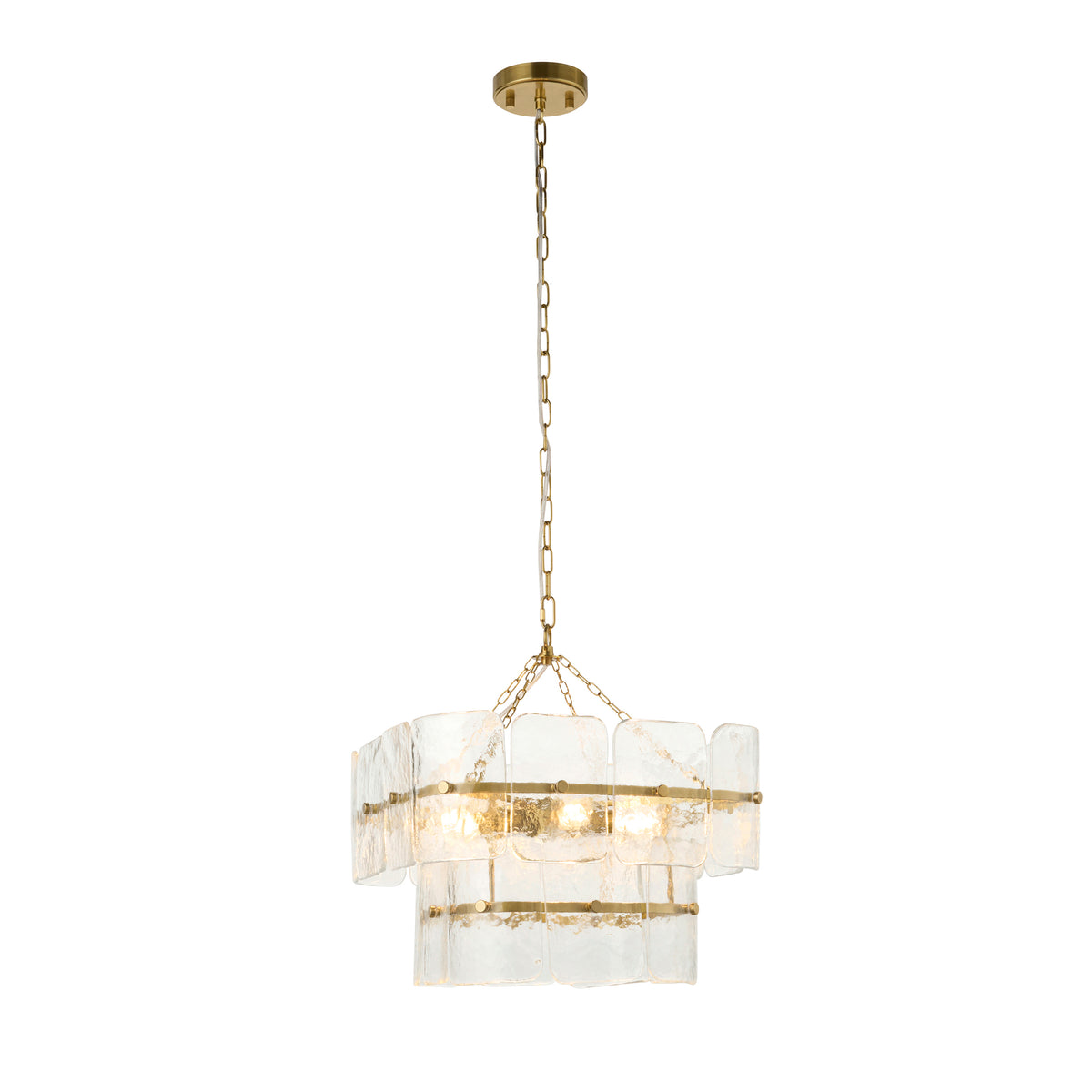 Venice aged brass pendant light with layered handmade glass shade on white